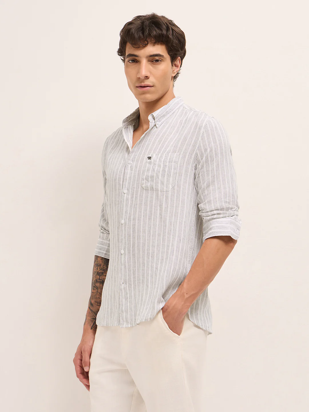 Men Cotton Linen Striped Casual Shirt - Image 3