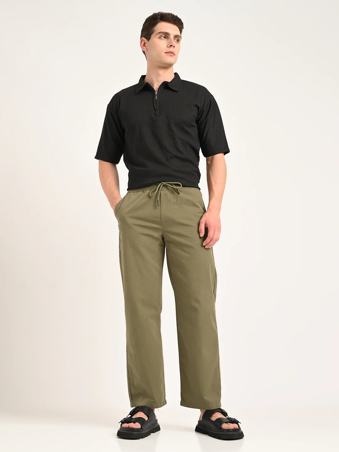 Men Cotton Pajama-Style Trousers with Drawcord - Image 2