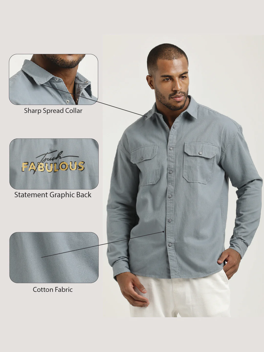 Men Cotton Shirt with Double Pockets - Image 2