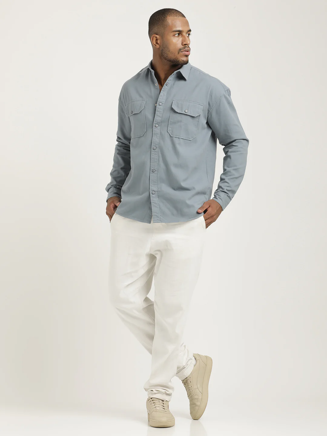 Men Cotton Shirt with Double Pockets - Image 6