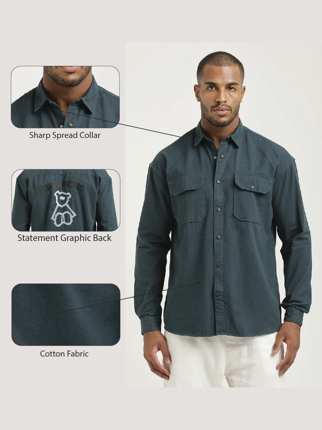 Men Cotton Shirt with Double Pockets - Image 2