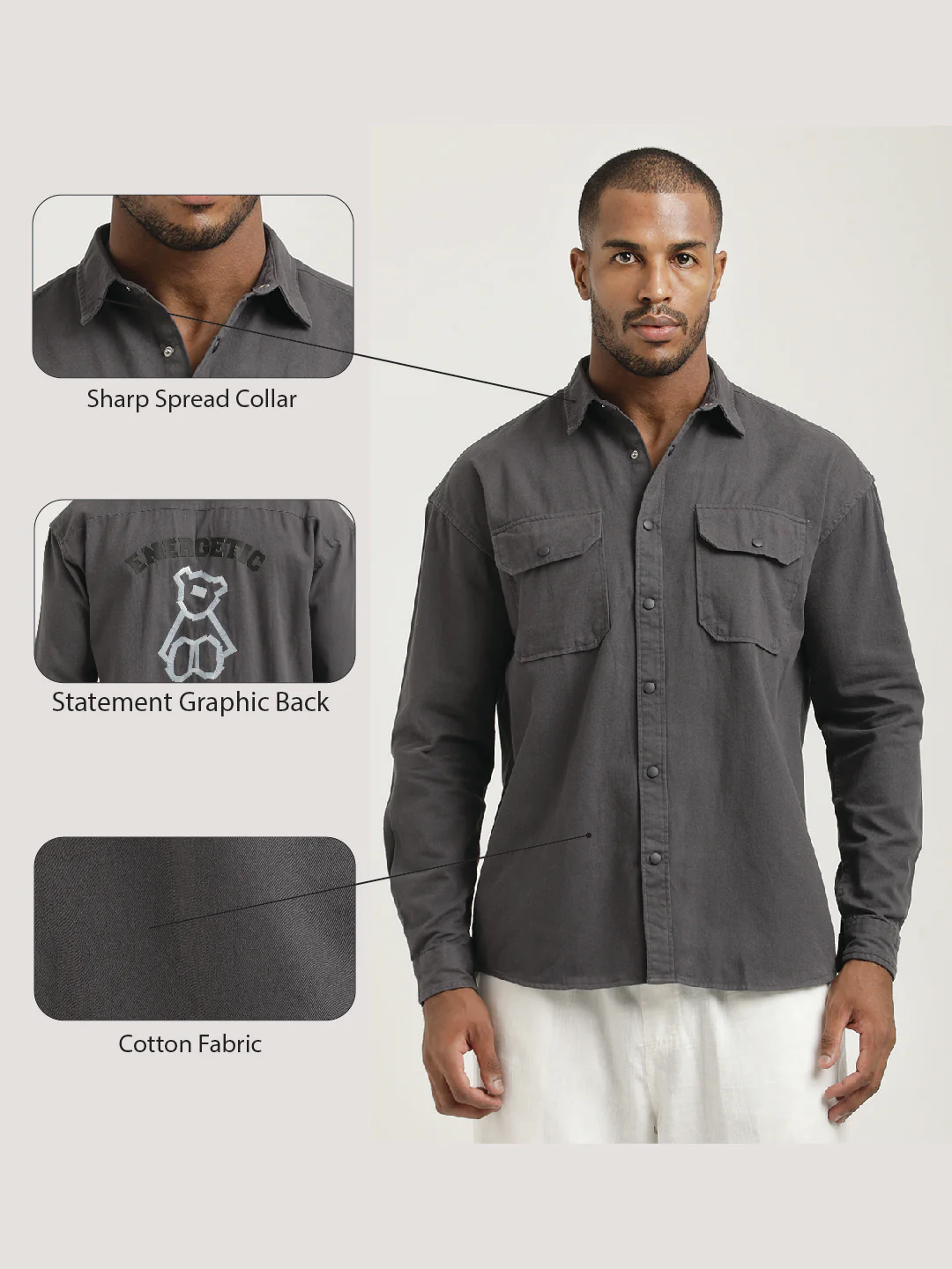 Men Cotton Shirt with Double Pockets - Image 2