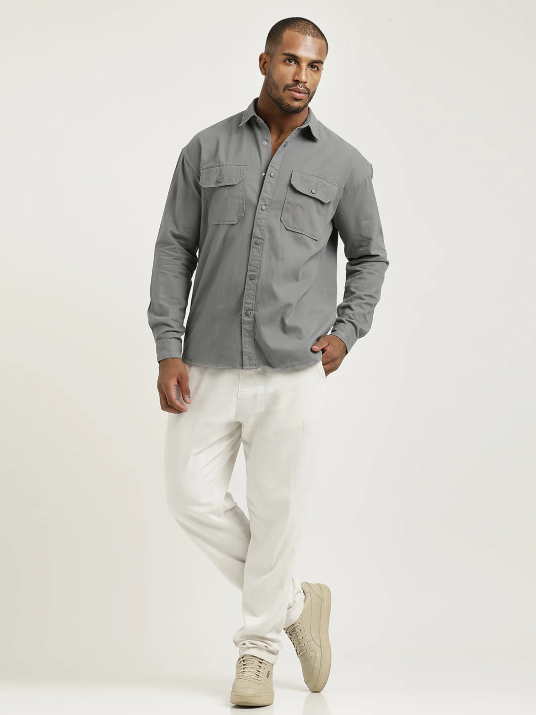 Men Cotton Shirt with Double Pockets - Image 5
