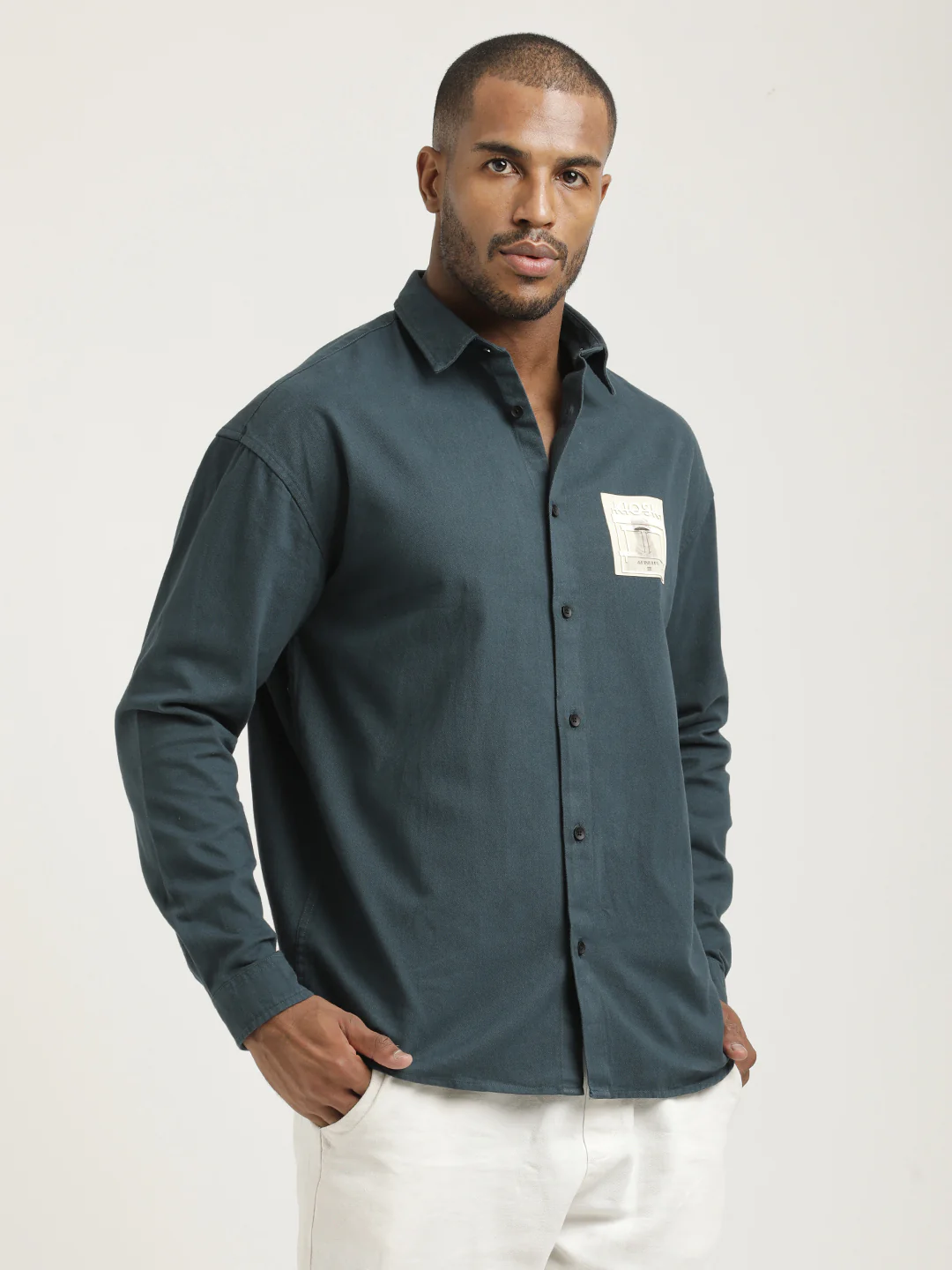 Men Cotton Shirt with Graphic Stickers - Image 3