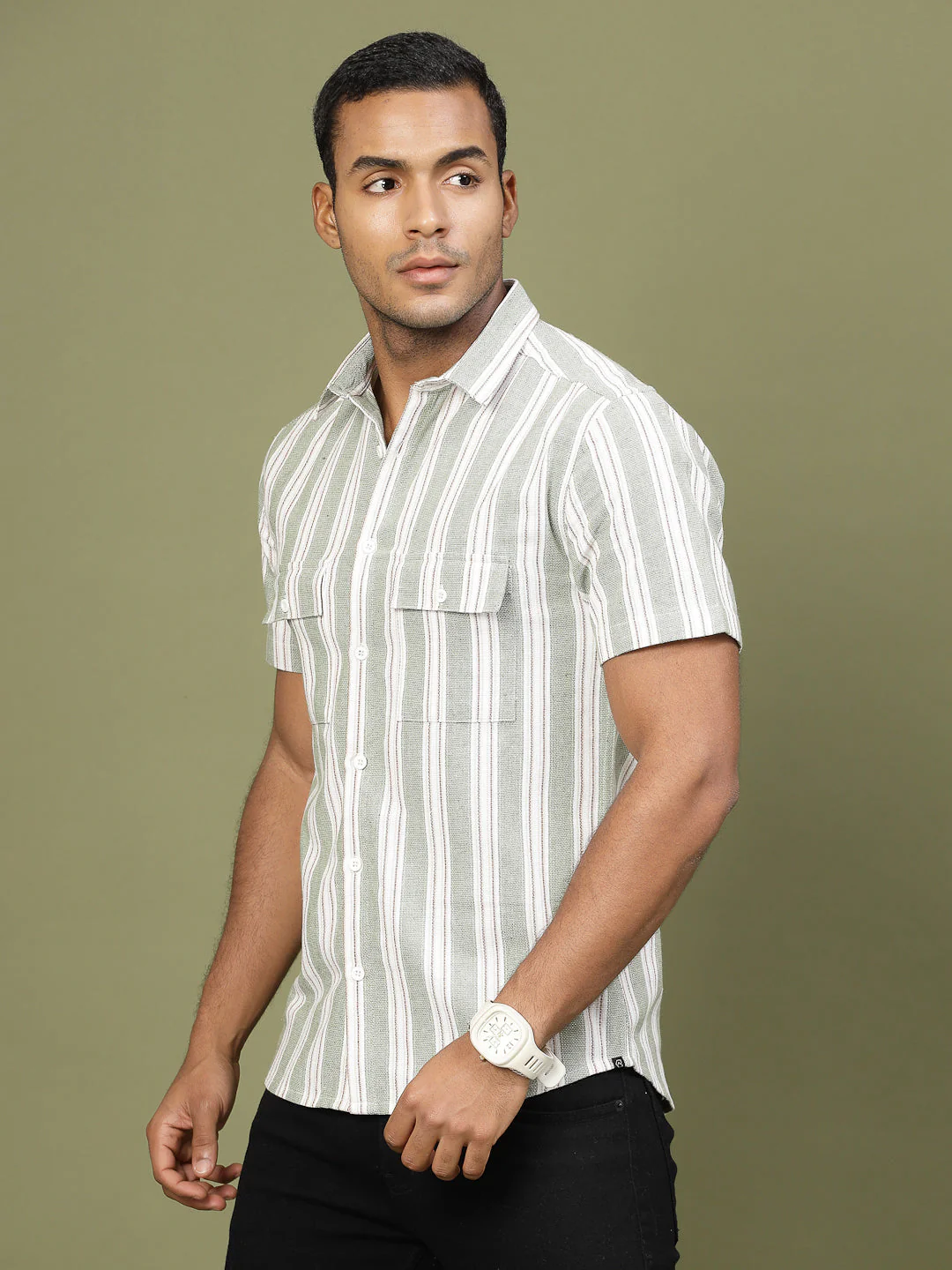 Men Cotton Fabric Stripe Tailored Utility Shirt - Image 3
