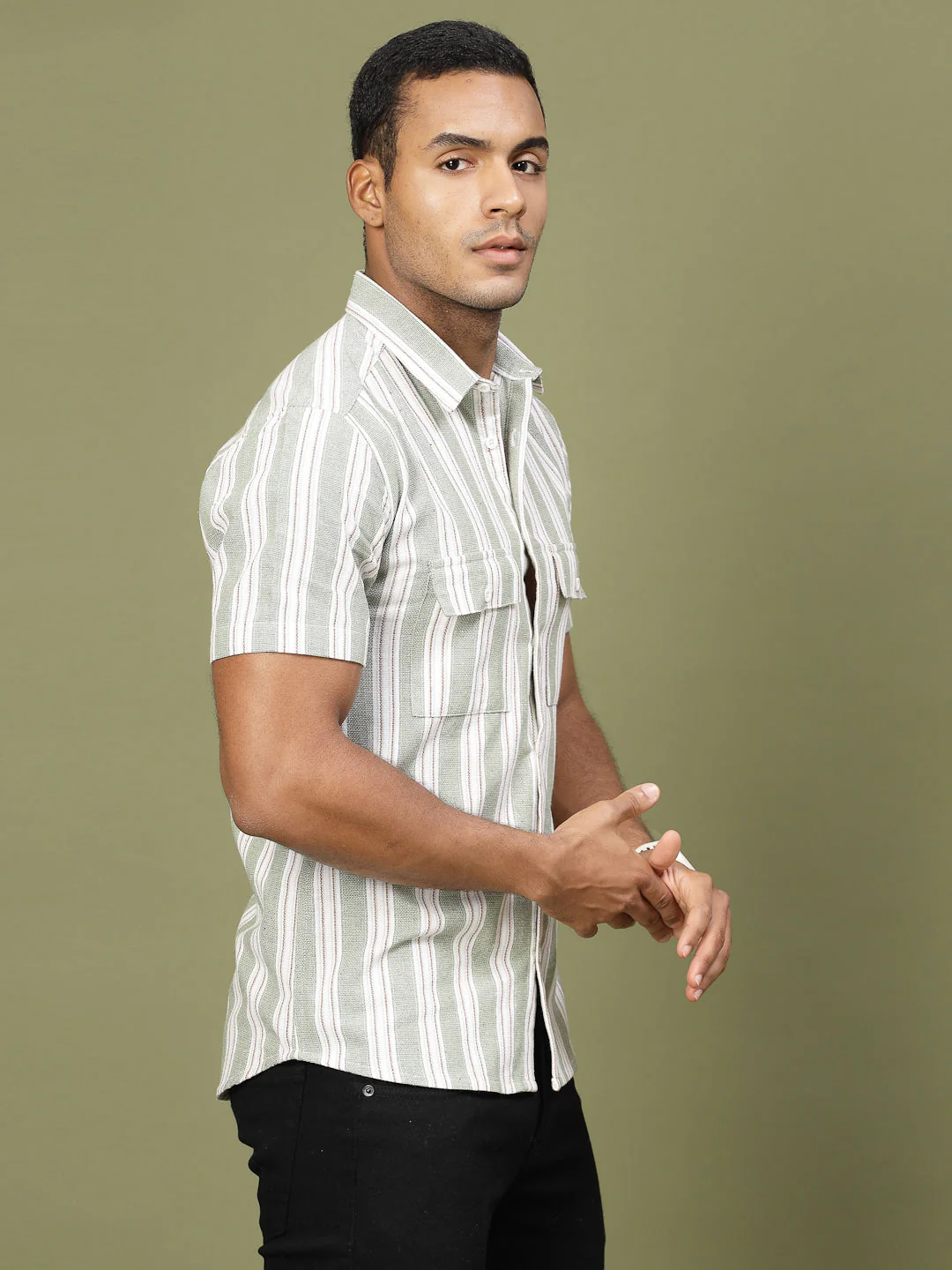 Men Cotton Fabric Stripe Tailored Utility Shirt - Image 4