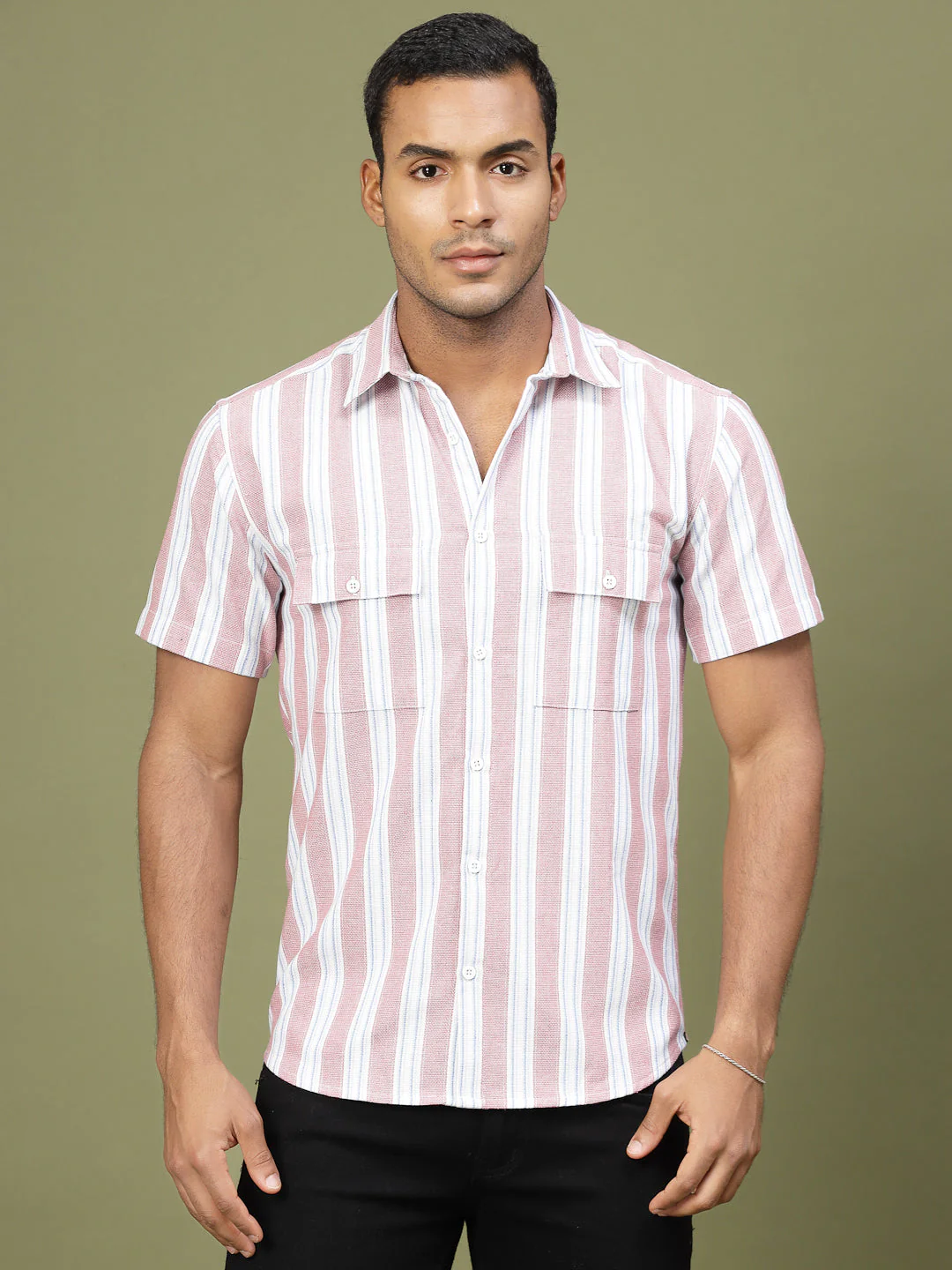 Men Cotton Fabric Stripe Tailored Utility Shirt - Image 2
