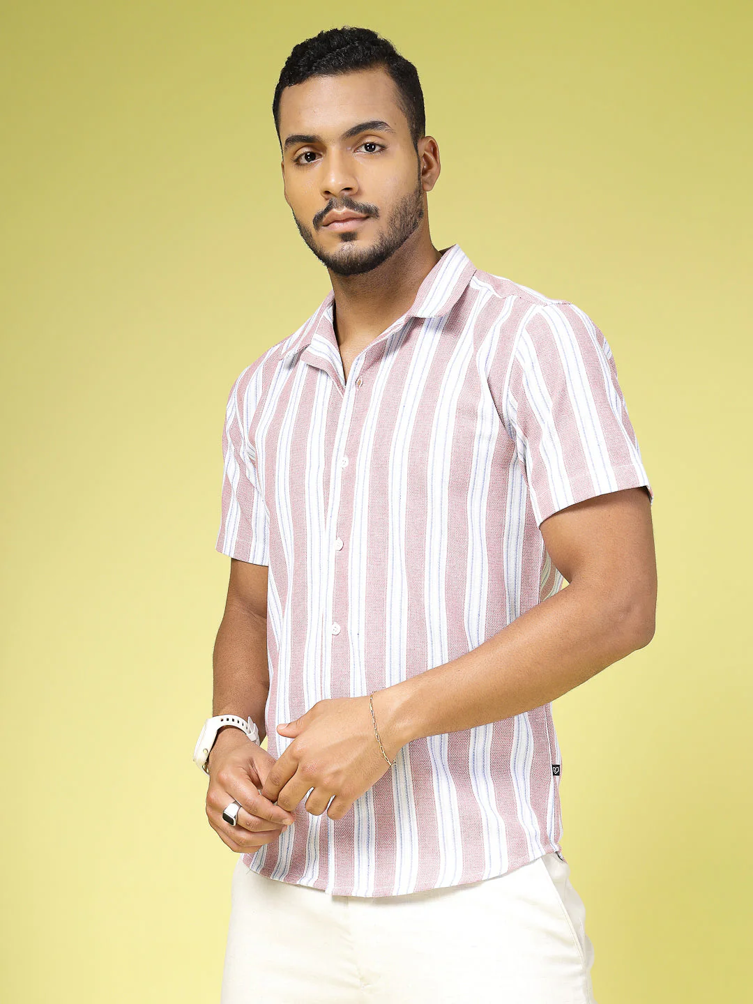 Men Cotton Fabric Striped Cuban Collar Shirt - Image 3