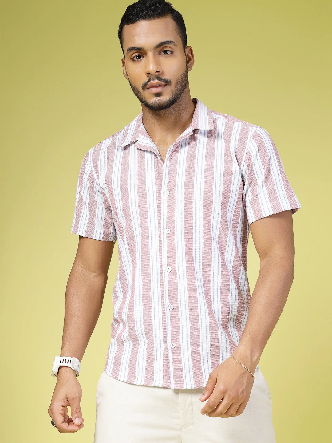 Men Cotton Fabric Striped Cuban Collar Shirt