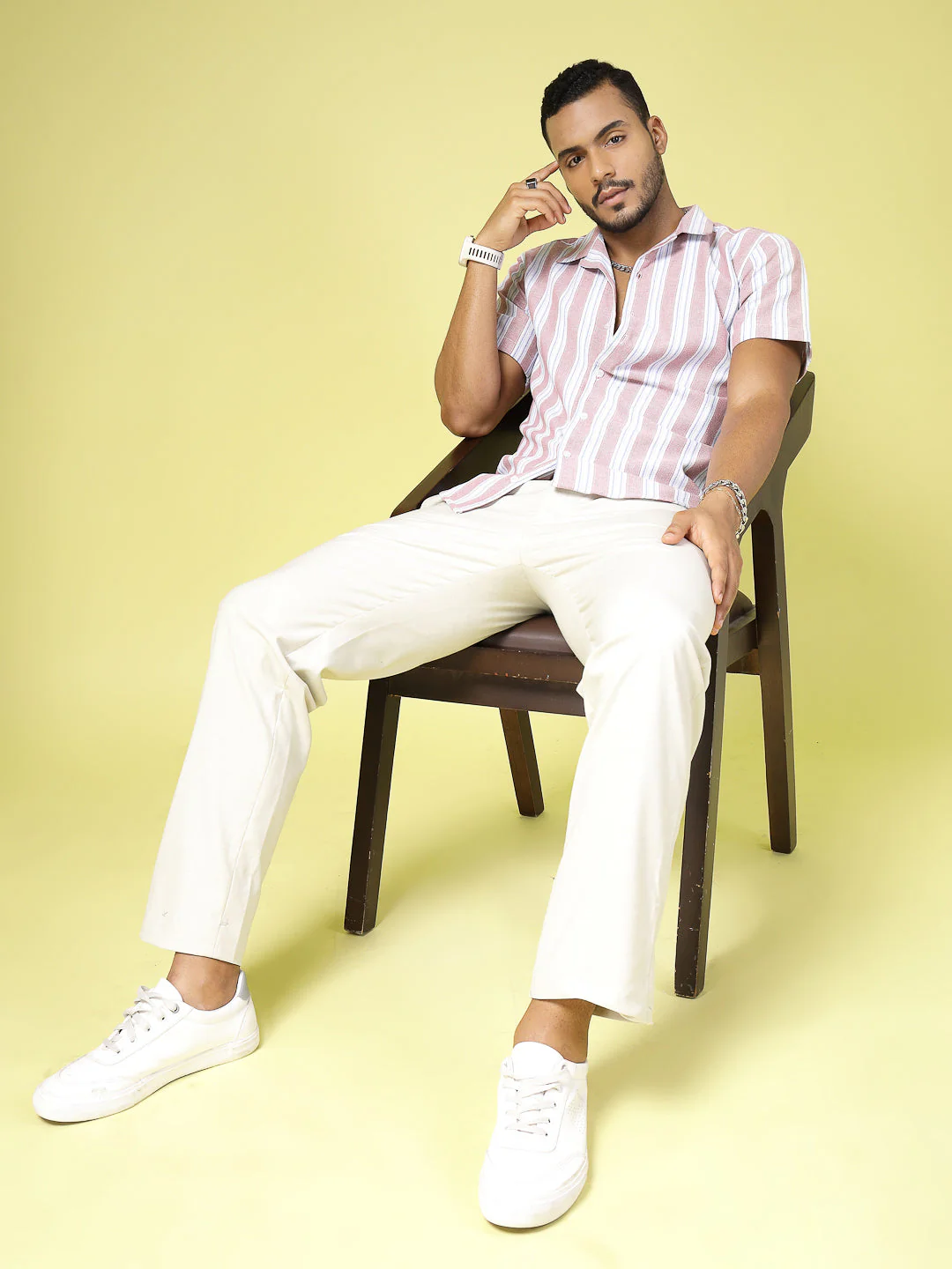 Men Cotton Fabric Striped Cuban Collar Shirt - Image 2