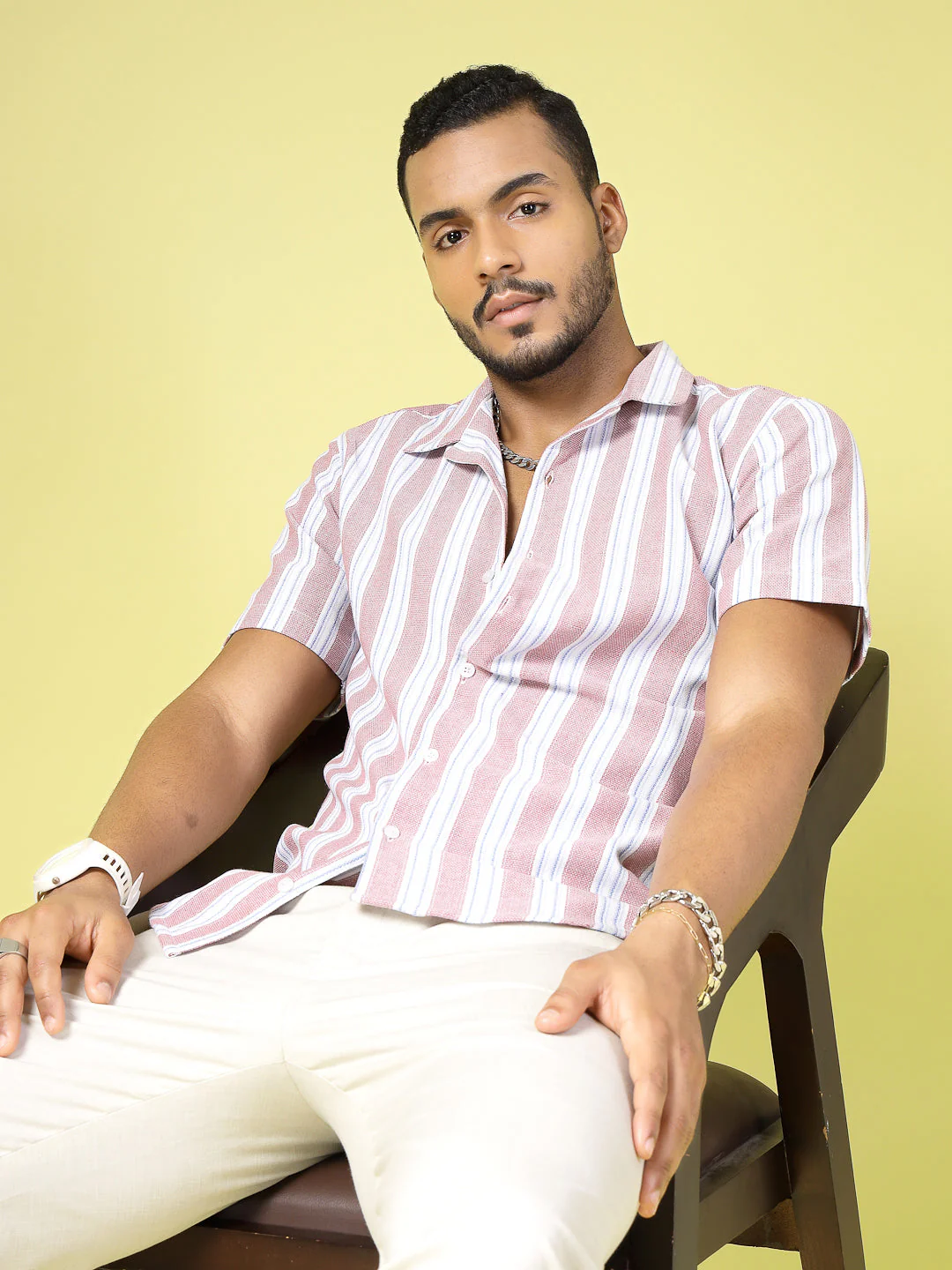 Men Cotton Fabric Striped Cuban Collar Shirt - Image 3