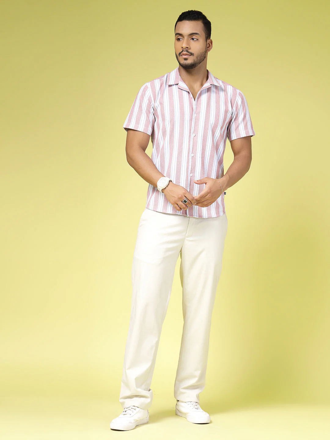 Men Cotton Fabric Striped Cuban Collar Shirt - Image 4
