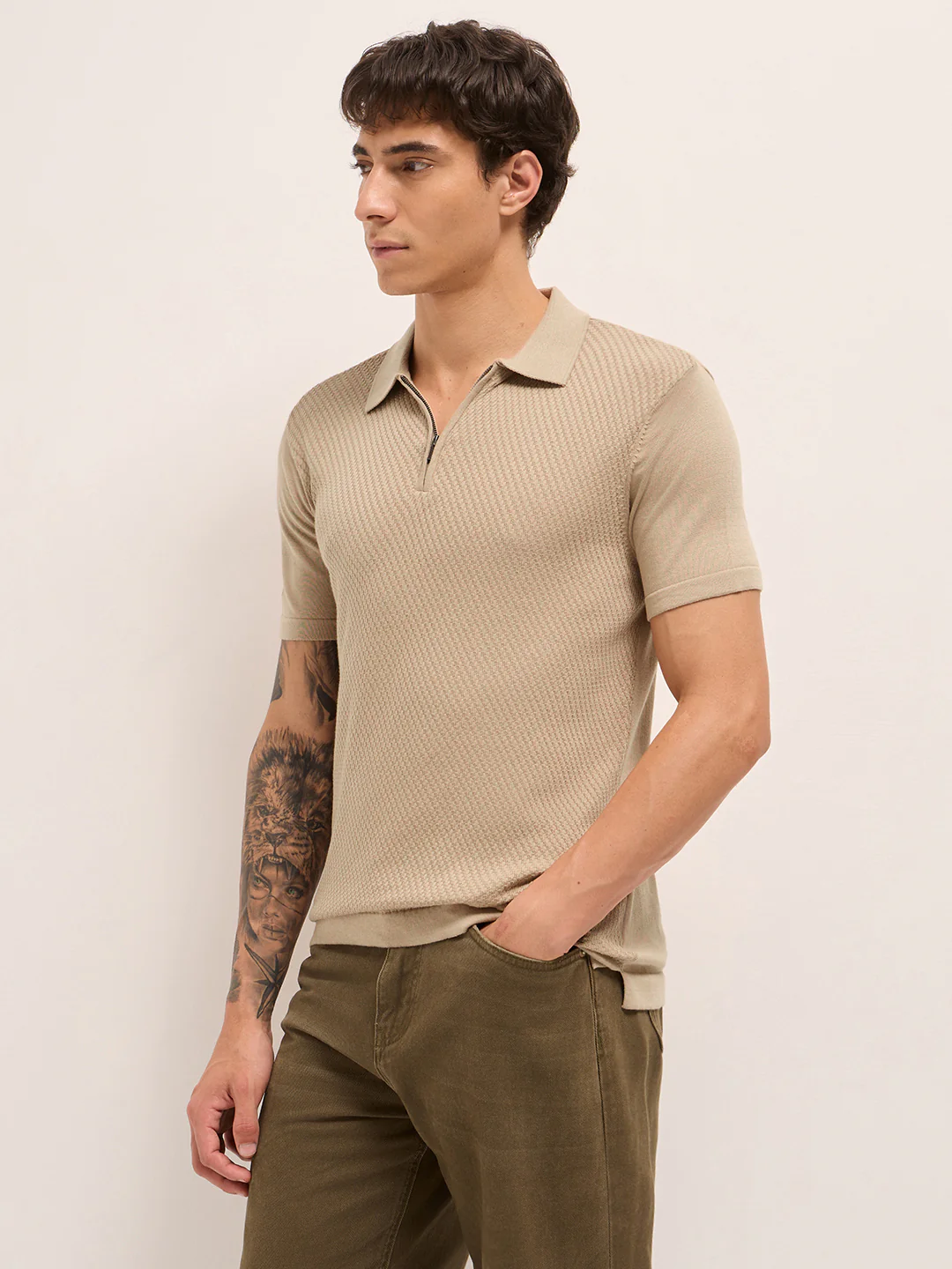 Men Cotton Textured Polo T-Shirt - Image 3