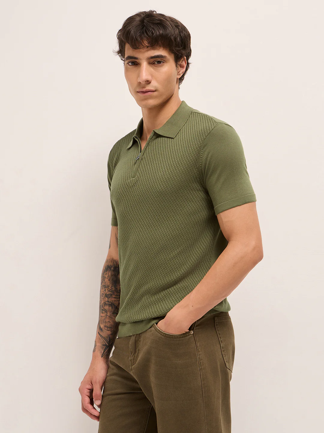 Men Cotton Textured Polo T-Shirt - Image 3