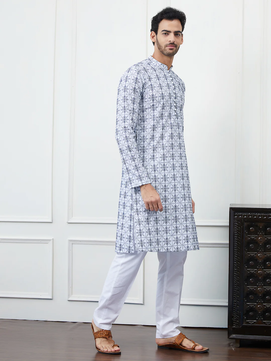 Men Blue Chikankari Embroidered Cotton Kurta - Image 2