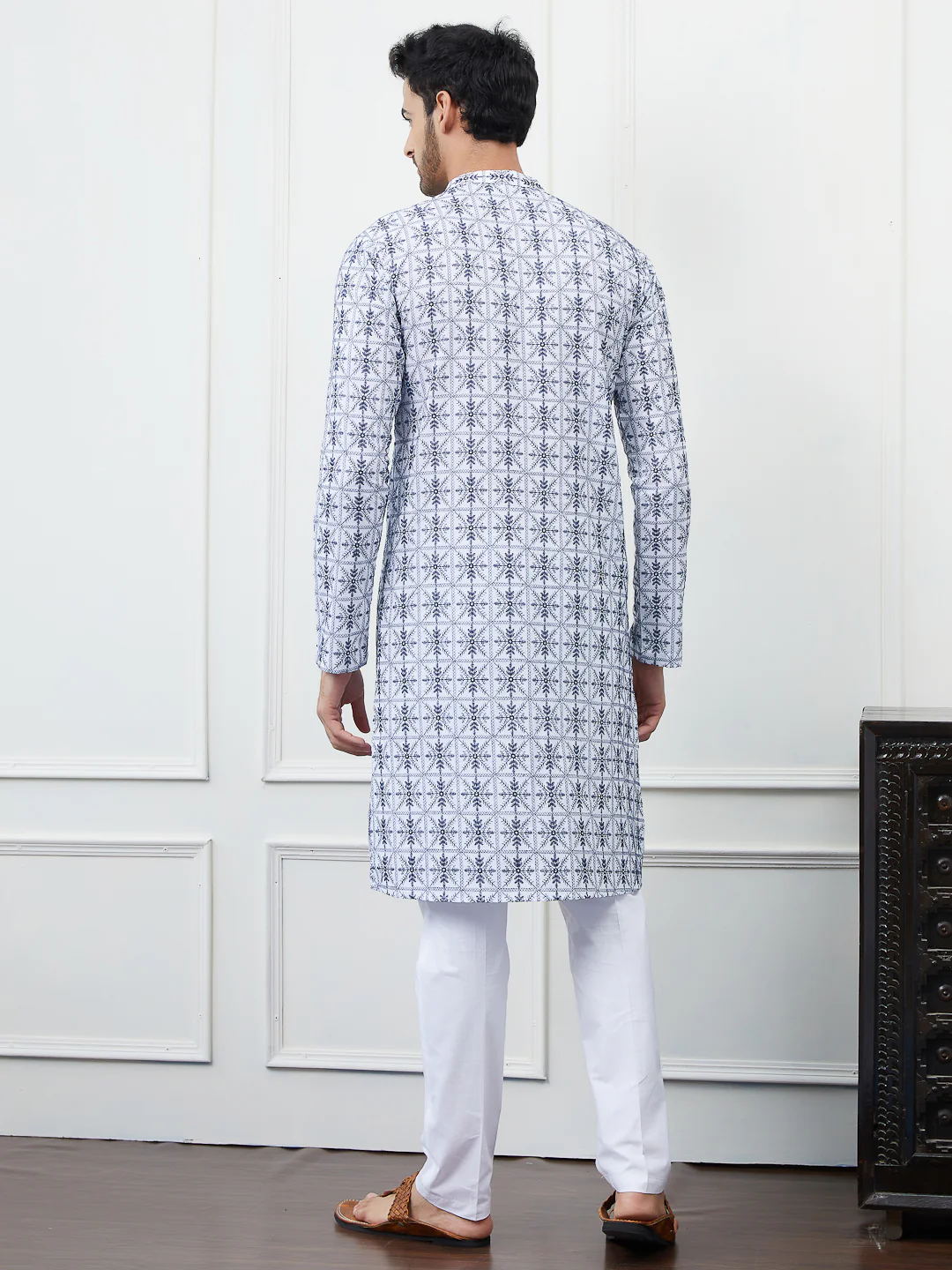 Men Blue Chikankari Embroidered Cotton Kurta - Image 3