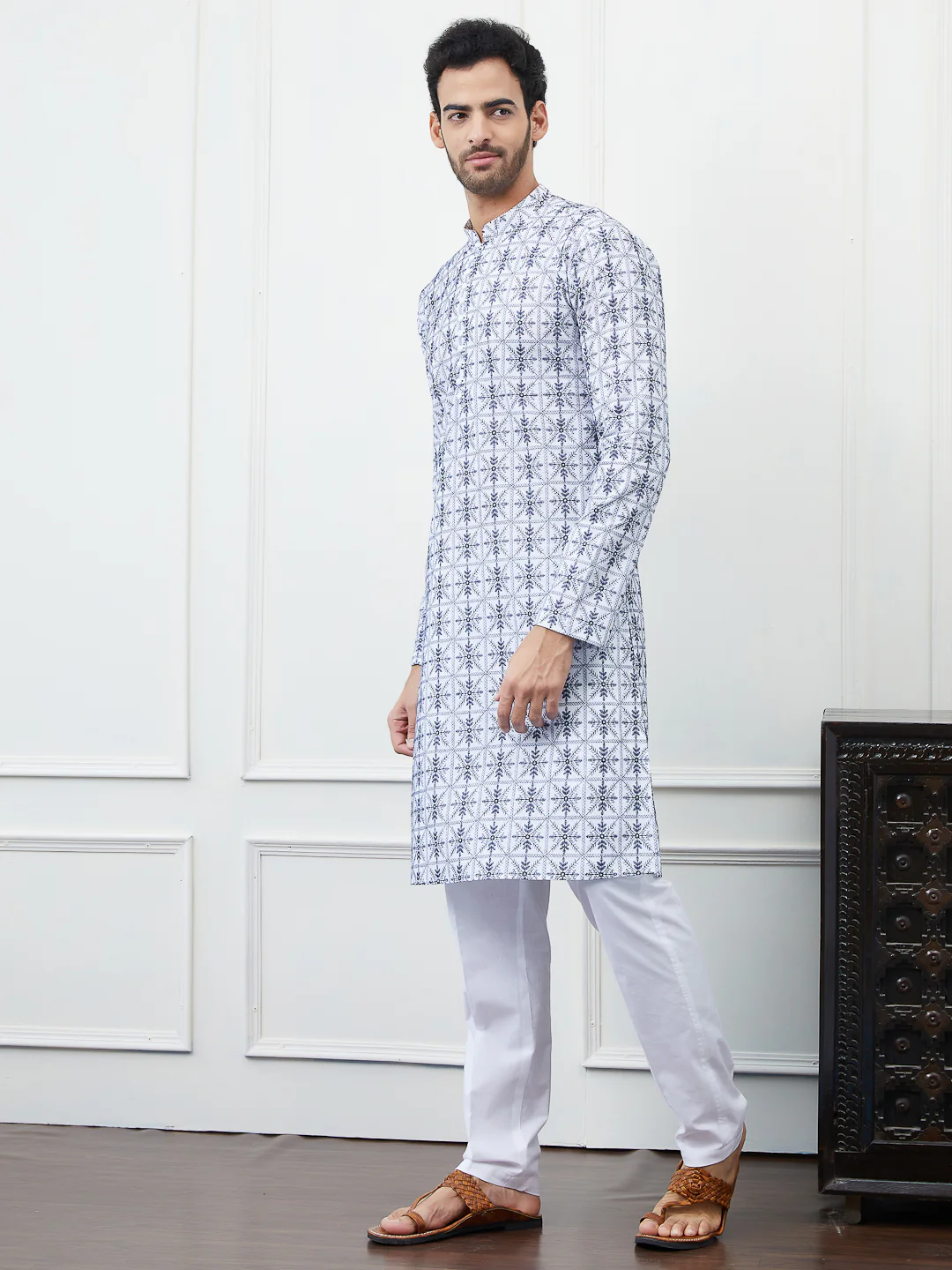 Men Blue Chikankari Embroidered Cotton Kurta - Image 4