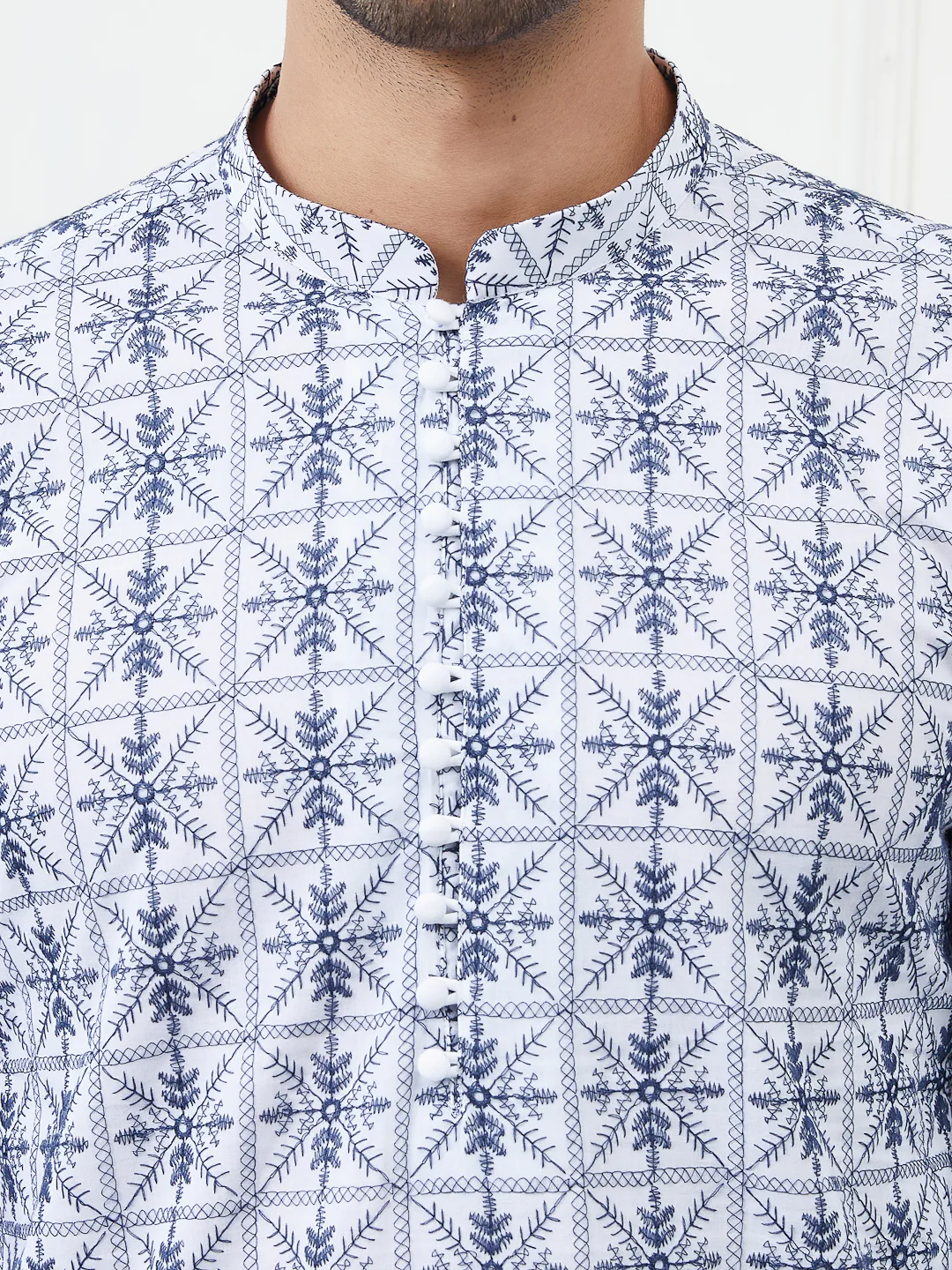 Men Blue Chikankari Embroidered Cotton Kurta - Image 5