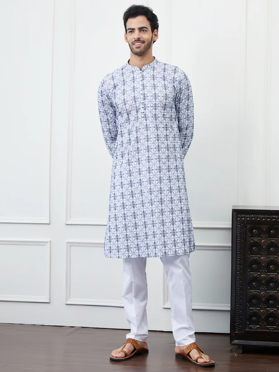 Men Blue Chikankari Embroidered Cotton Kurta - Image 6