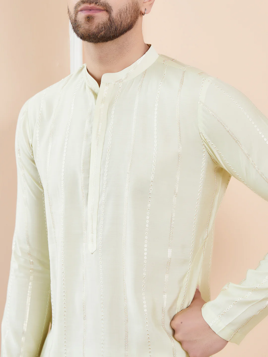 Men Cream And Gold Chanderi Silk Sequins Kurta - Image 2