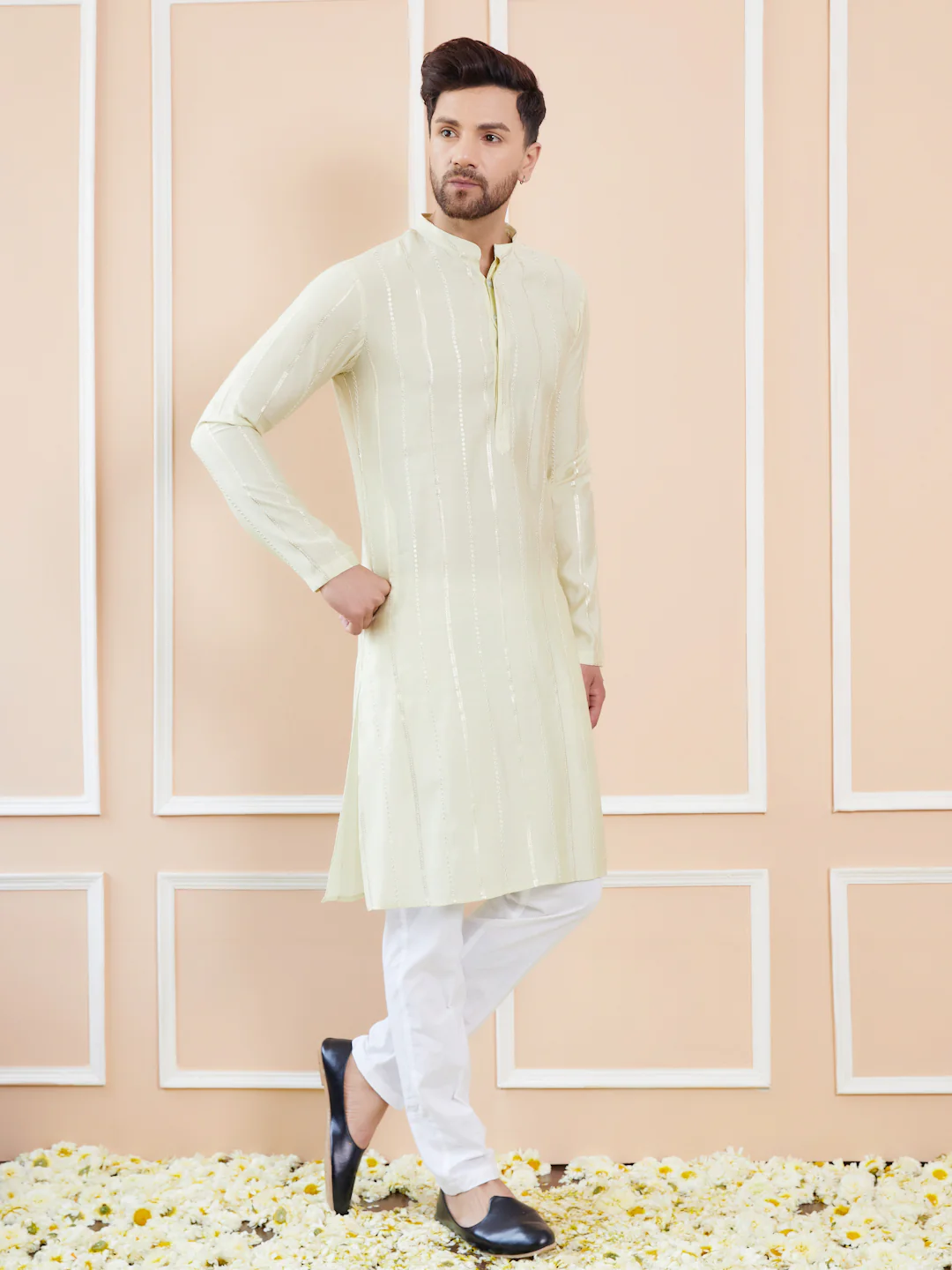 Men Cream And Gold Chanderi Silk Sequins Kurta - Image 3