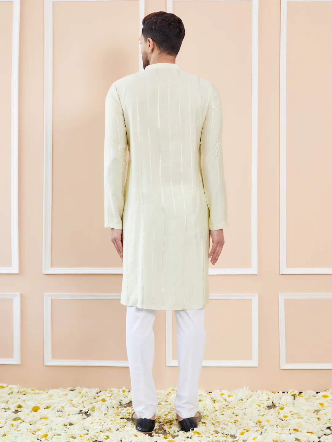 Men Cream And Gold Chanderi Silk Sequins Kurta - Image 4