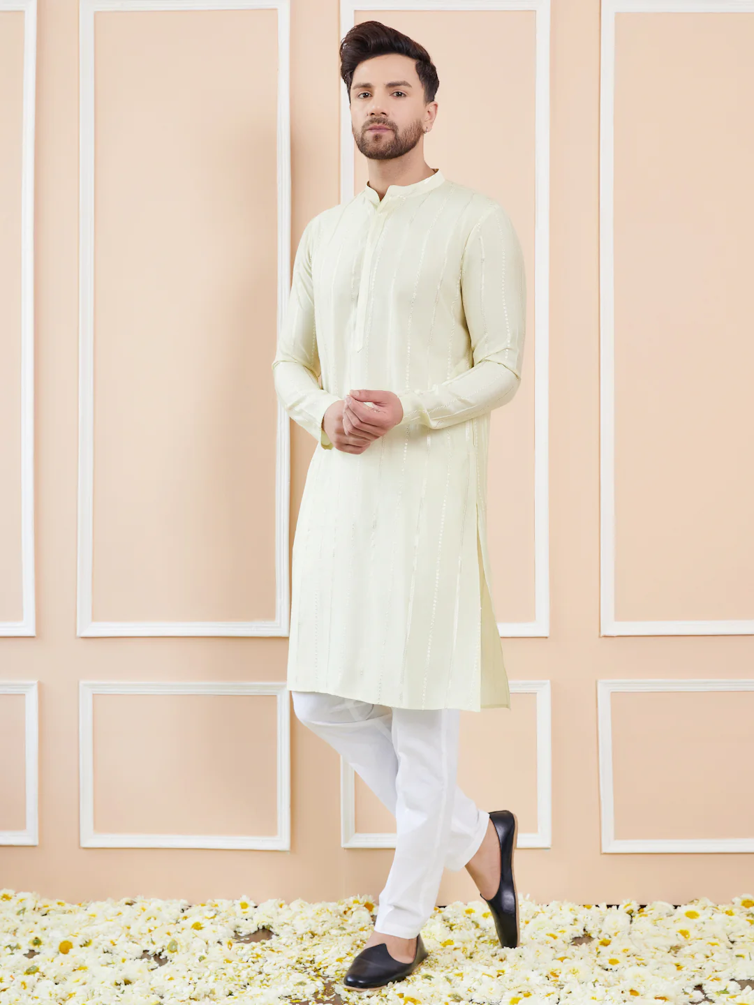 Men Cream And Gold Chanderi Silk Sequins Kurta - Image 5