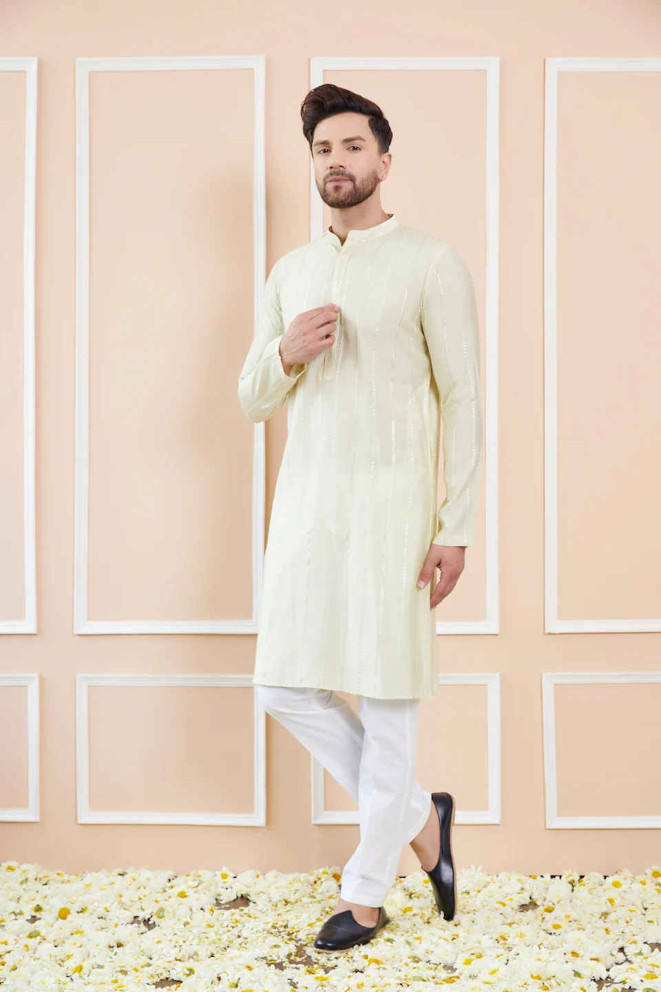 Men Cream And Gold Chanderi Silk Sequins Kurta - Image 6