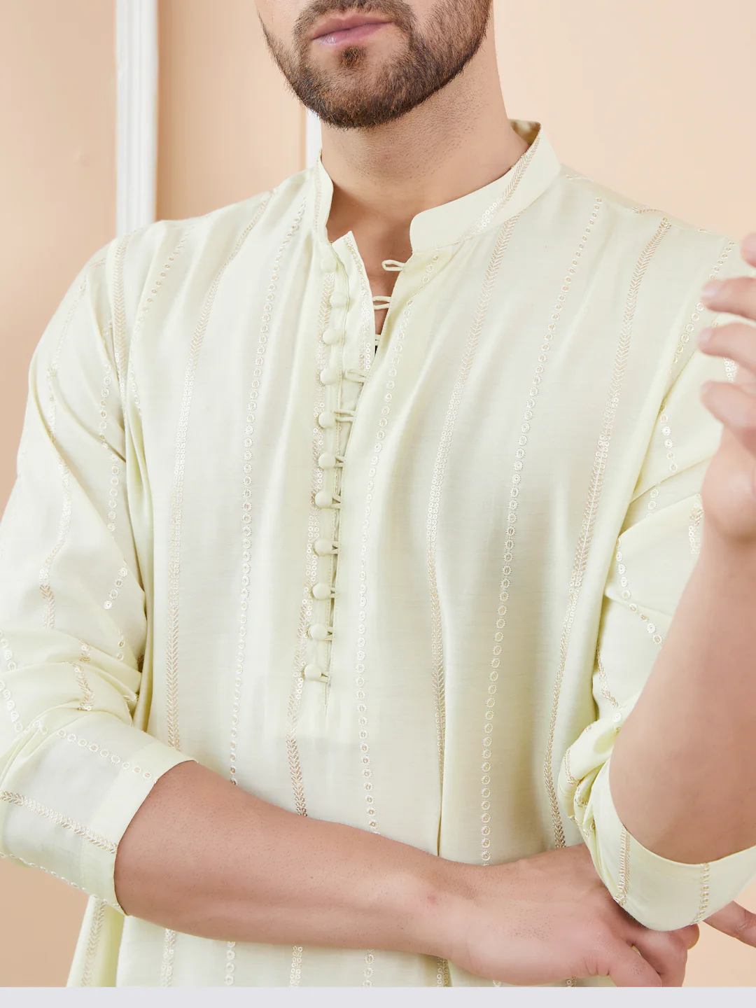 Men Cream And Gold Chanderi Silk Sequins Kurta - Image 2