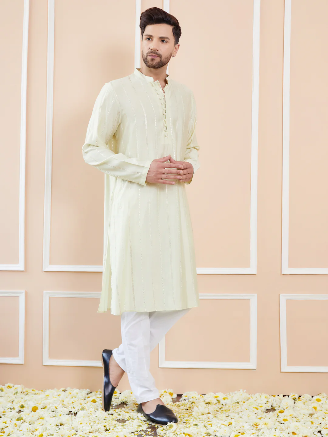Men Cream And Gold Chanderi Silk Sequins Kurta - Image 3