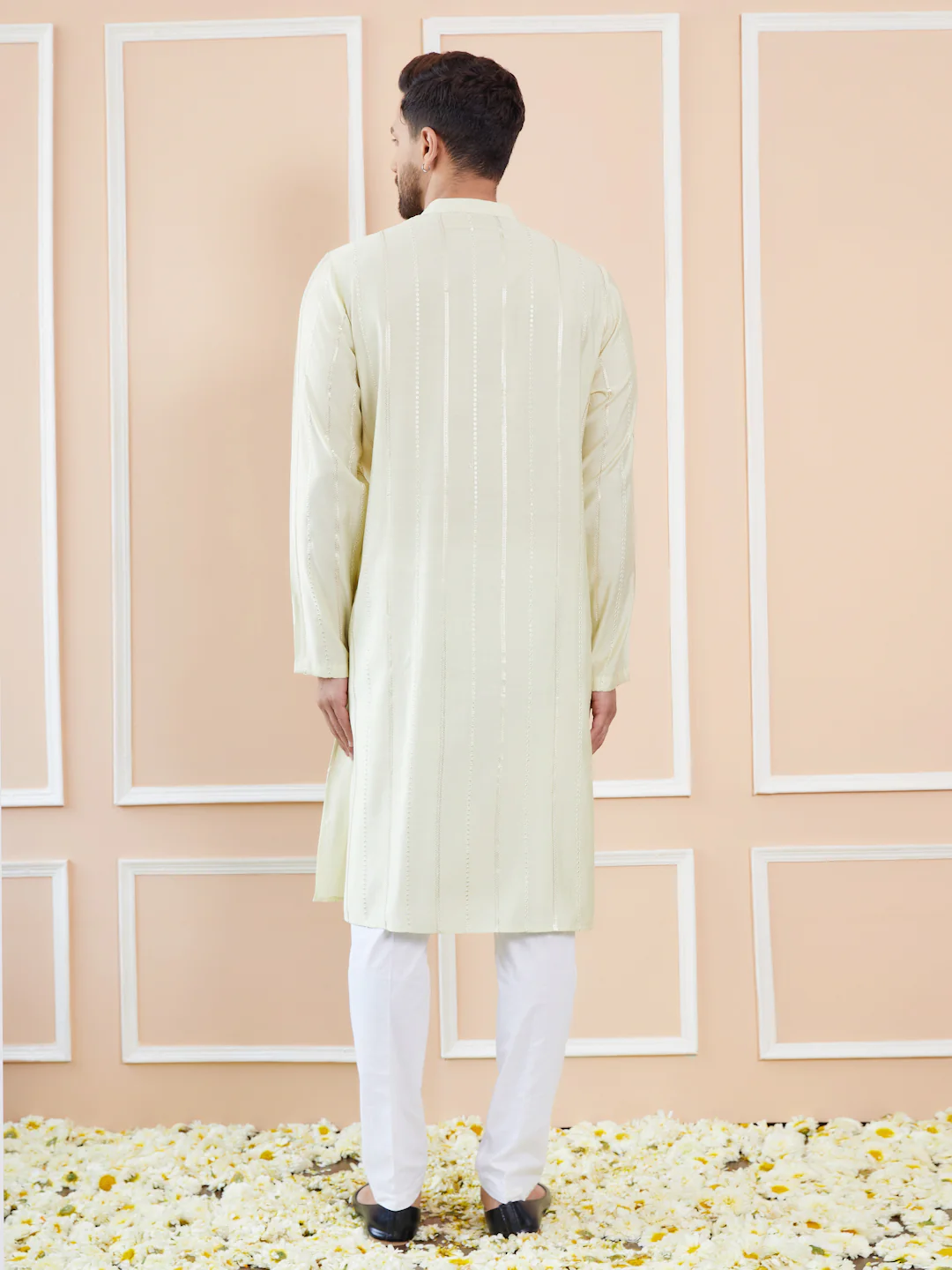 Men Cream And Gold Chanderi Silk Sequins Kurta - Image 4