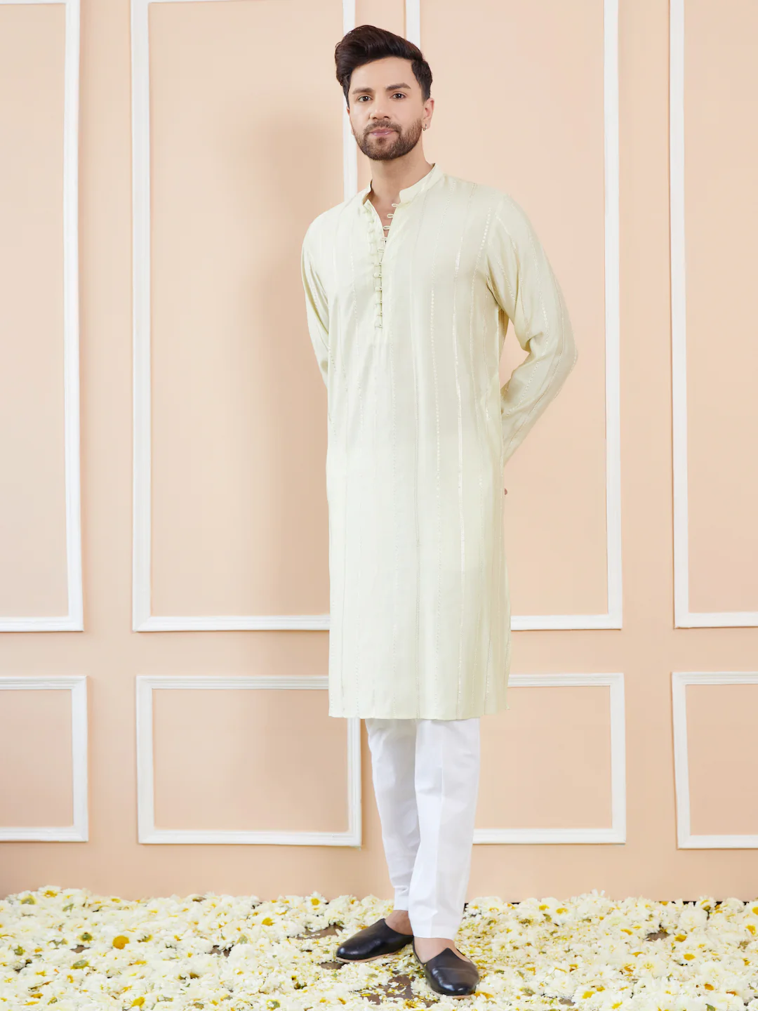 Men Cream And Gold Chanderi Silk Sequins Kurta - Image 5