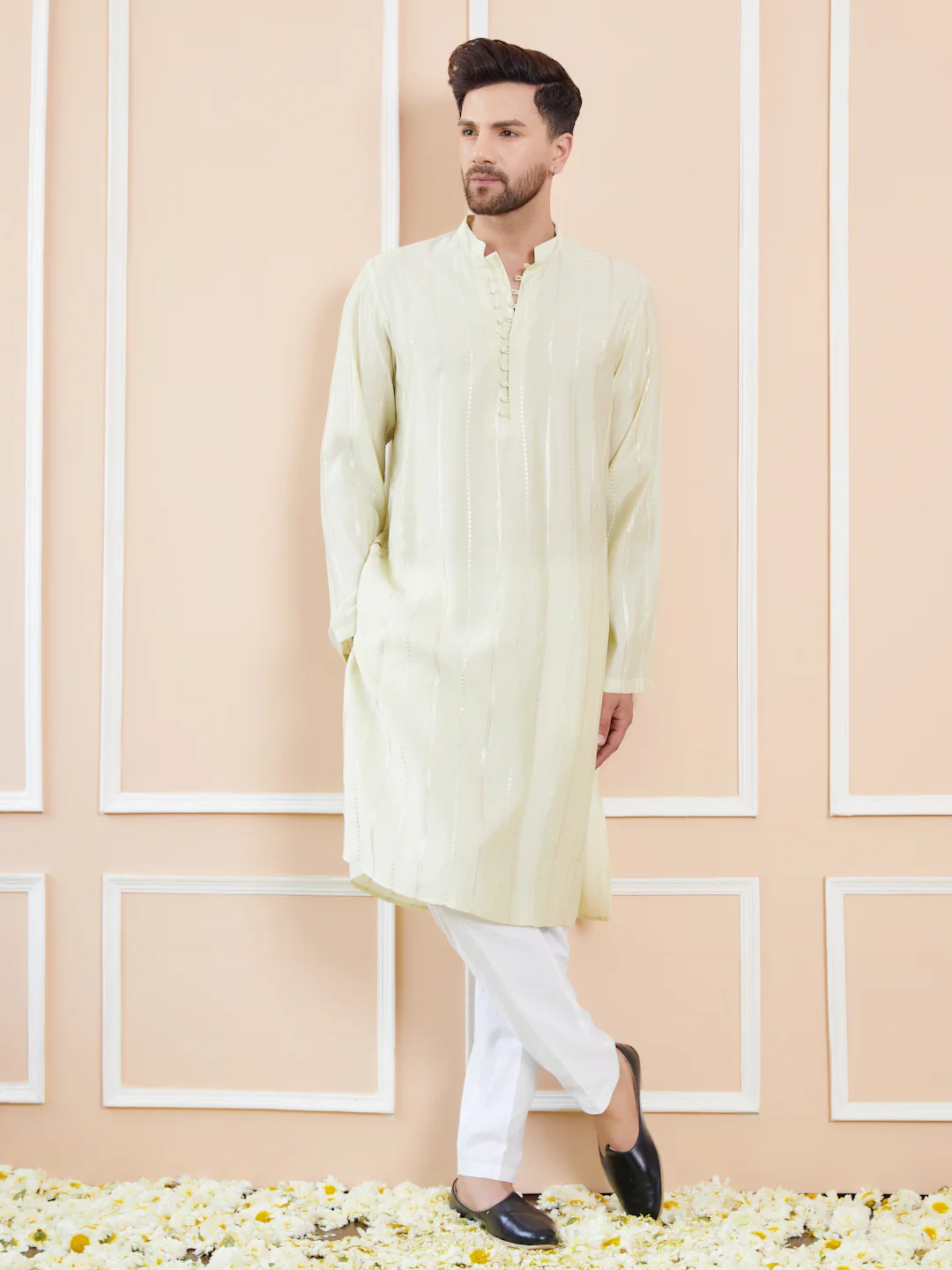 Men Cream And Gold Chanderi Silk Sequins Kurta - Image 6