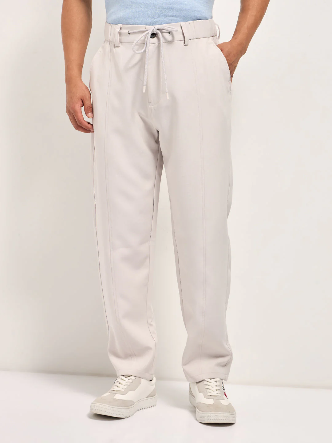 Men Cream Baggy Fit Polyester Blend Trousers - Image 6