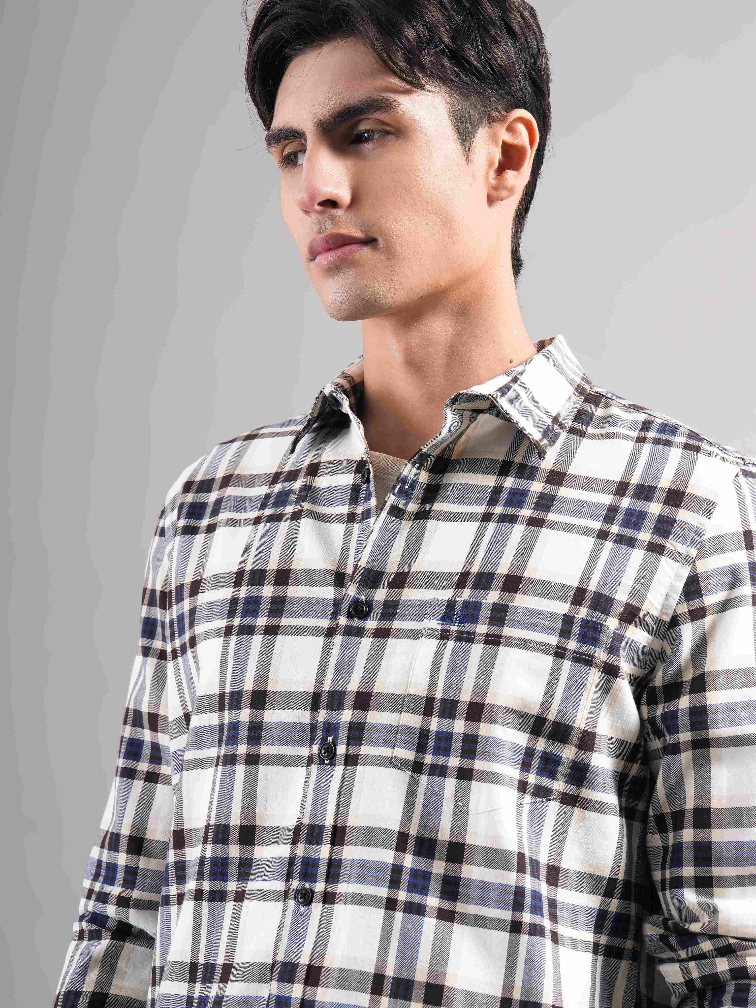 Men Cream Checked Casual Shirt - Image 3