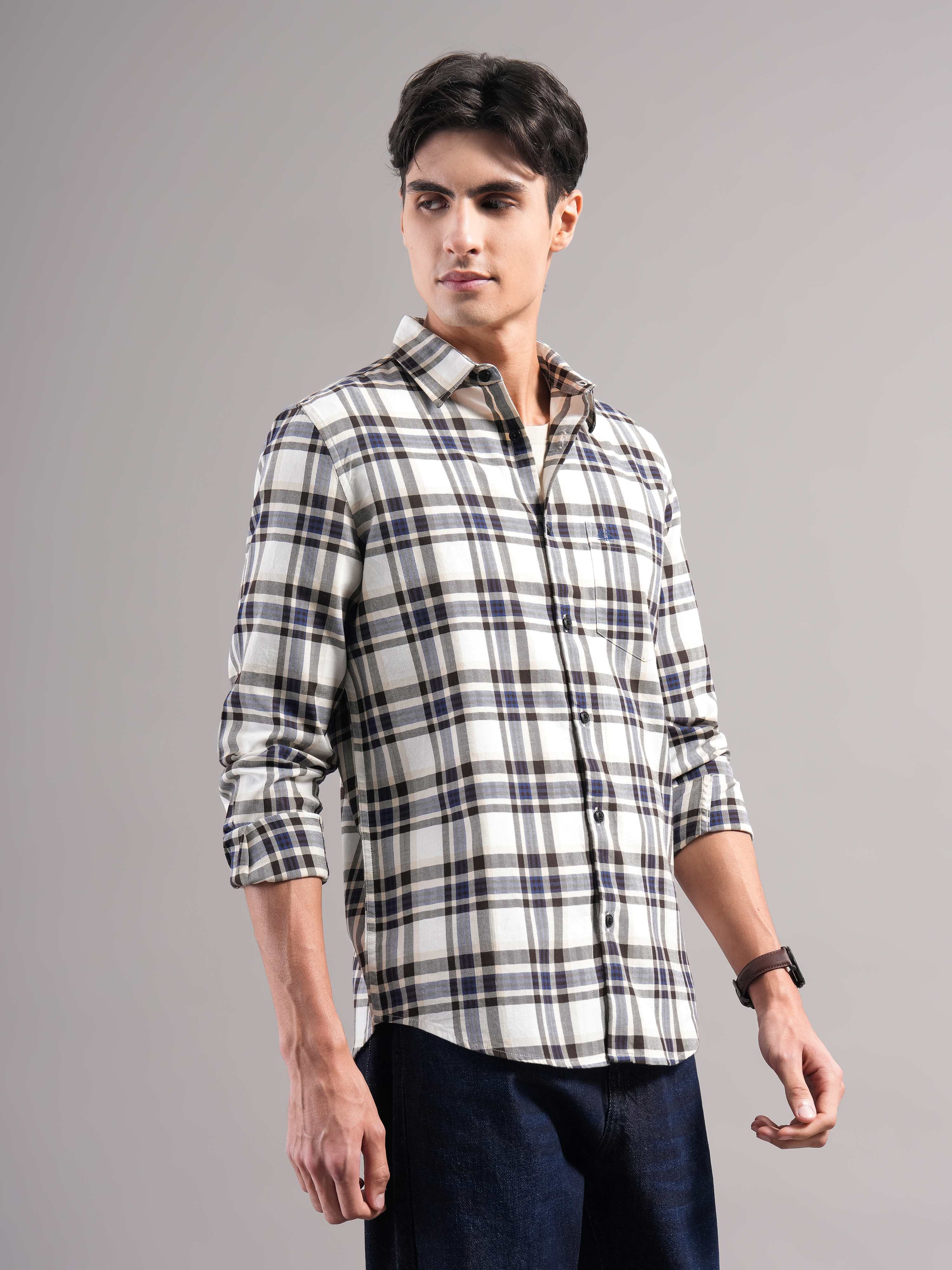 Men Cream Checked Casual Shirt - Image 4