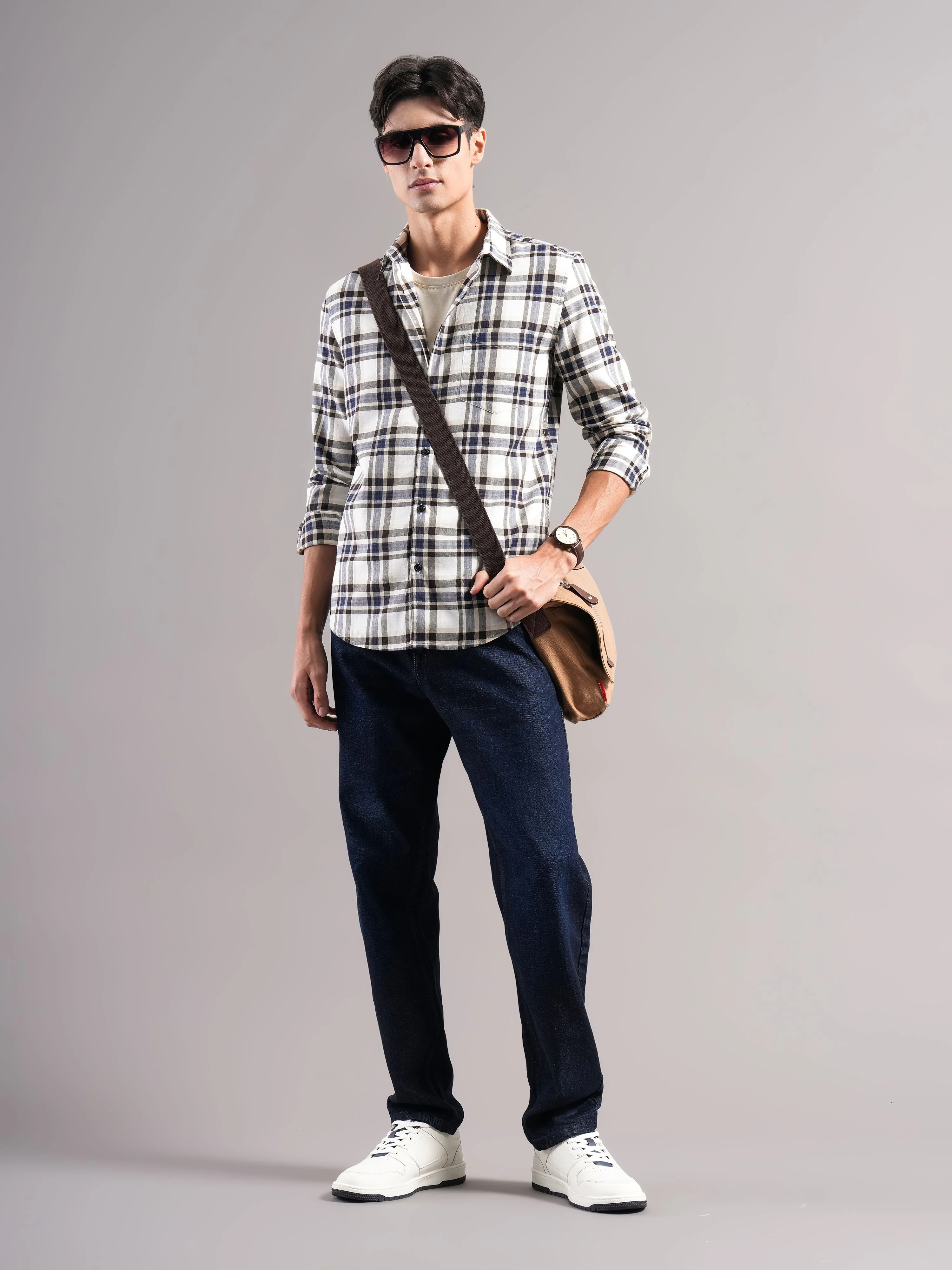 Men Cream Checked Casual Shirt - Image 5
