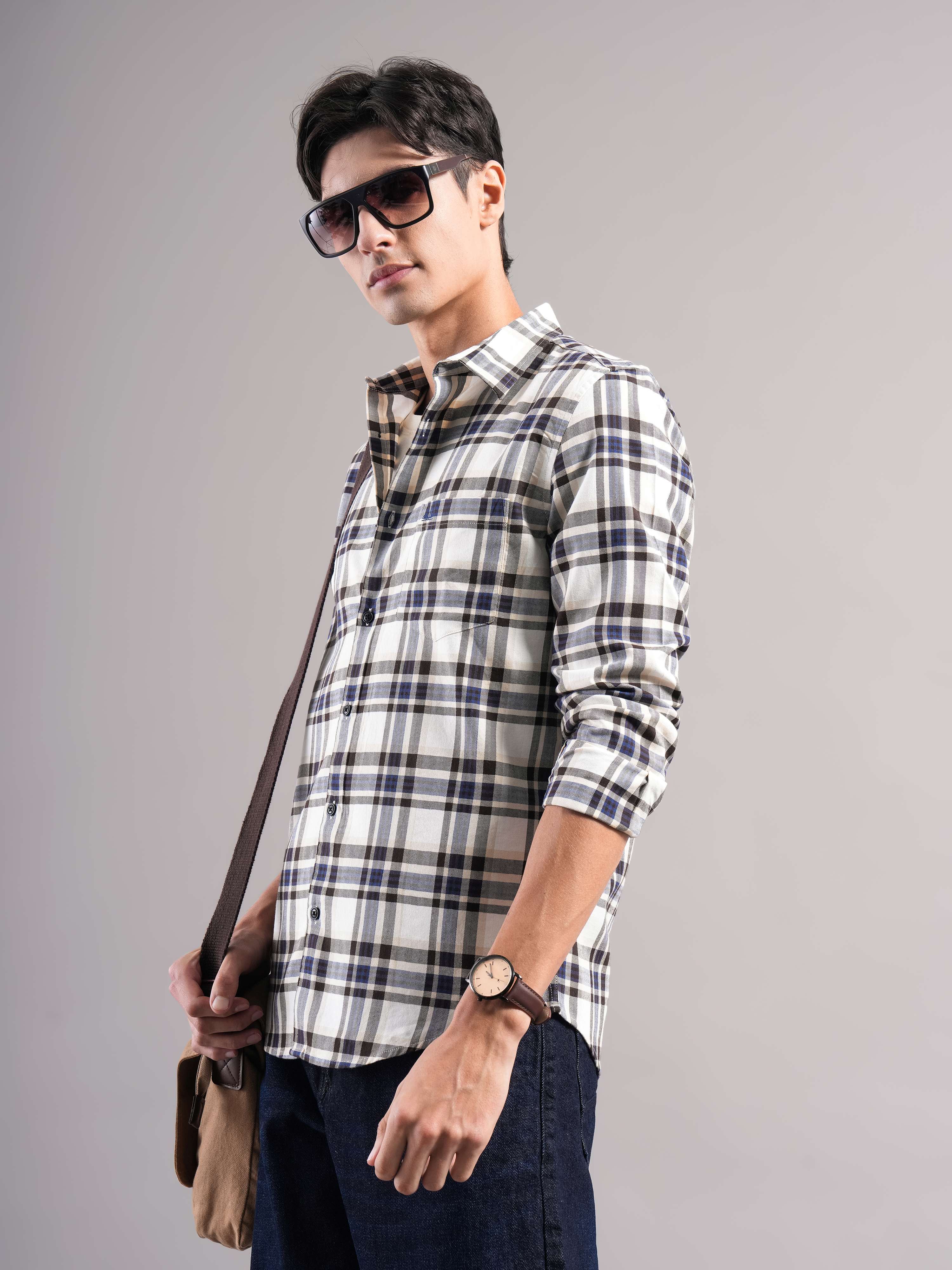 Men Cream Checked Casual Shirt - Image 6
