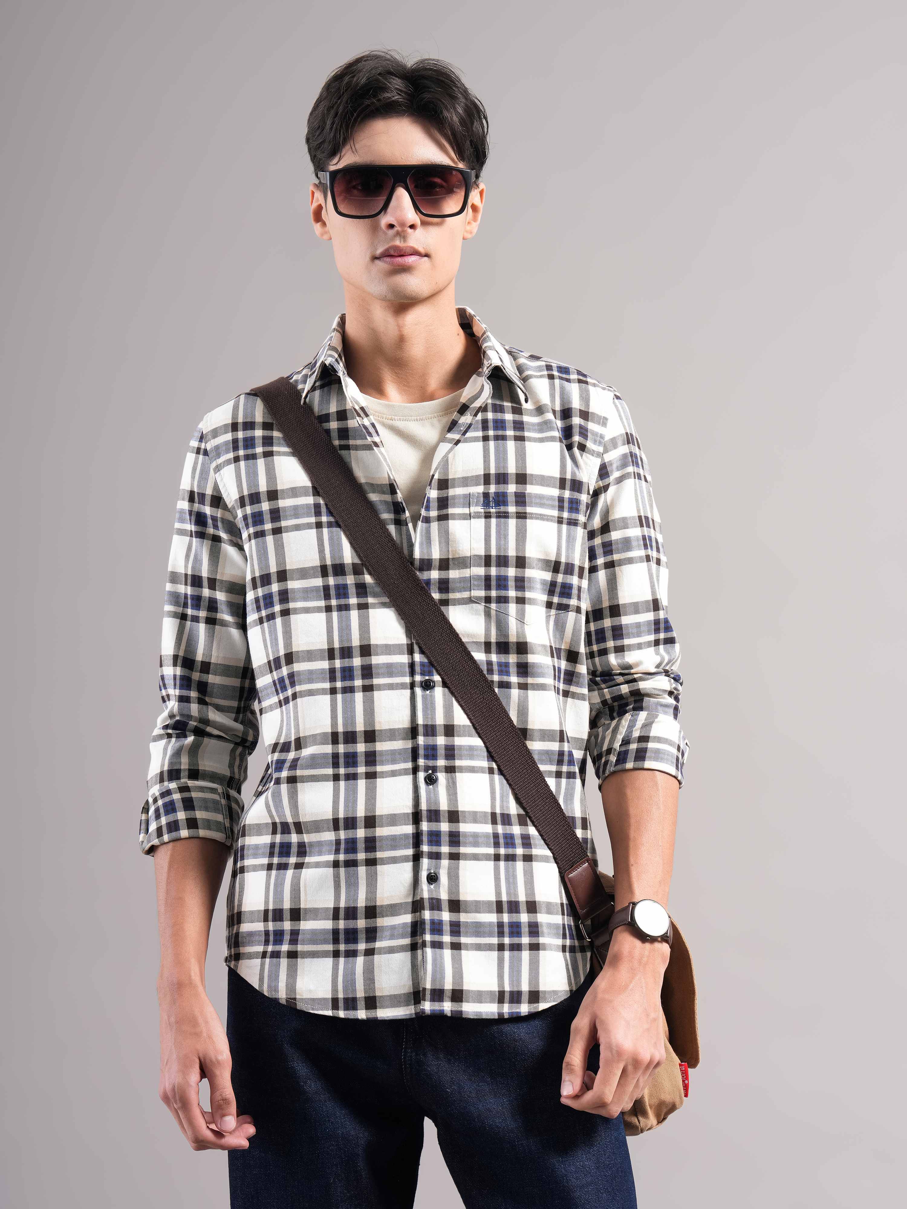 Men Cream Checked Casual Shirt - Image 7
