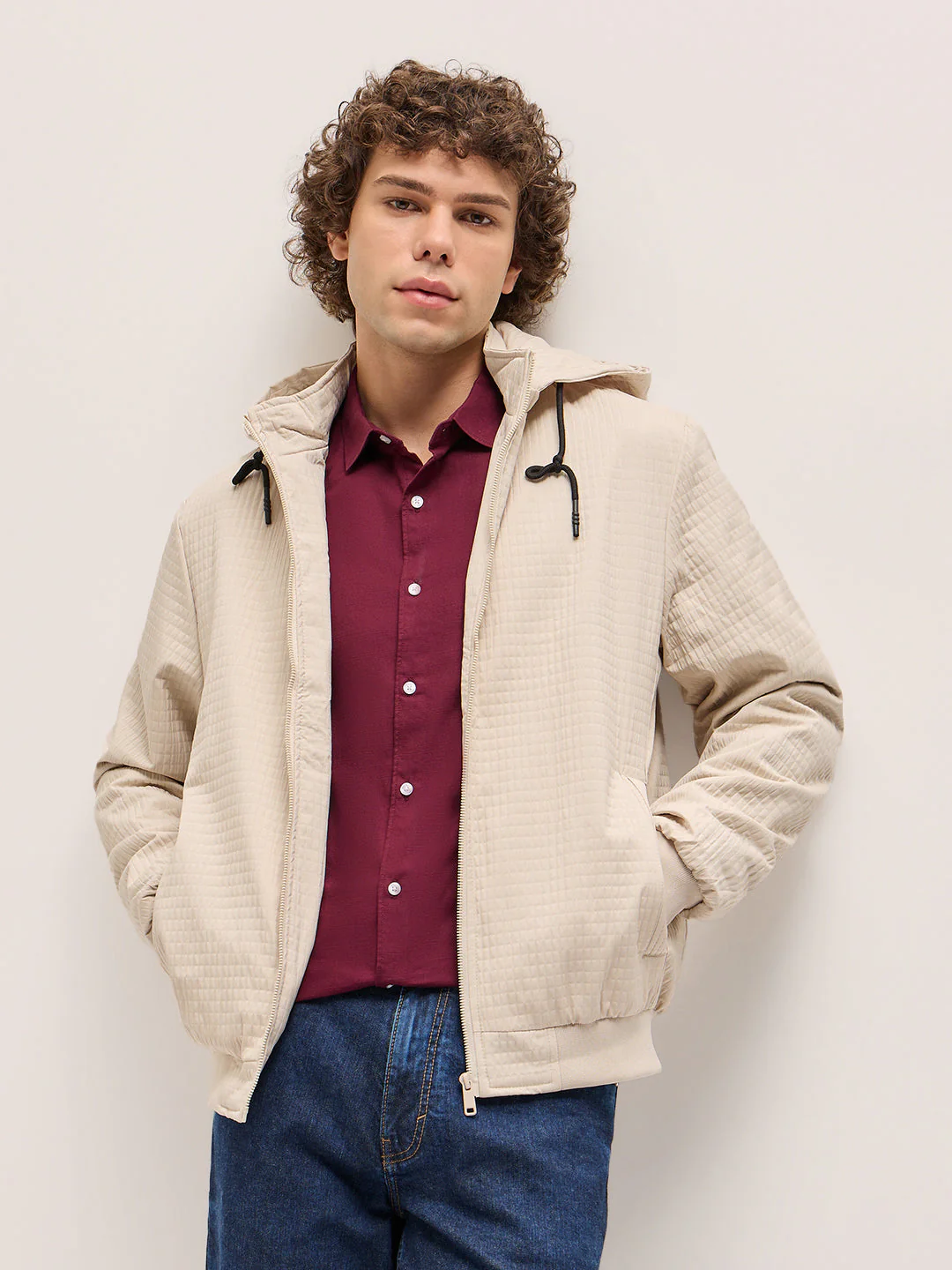 Men Cream Checked Jacket