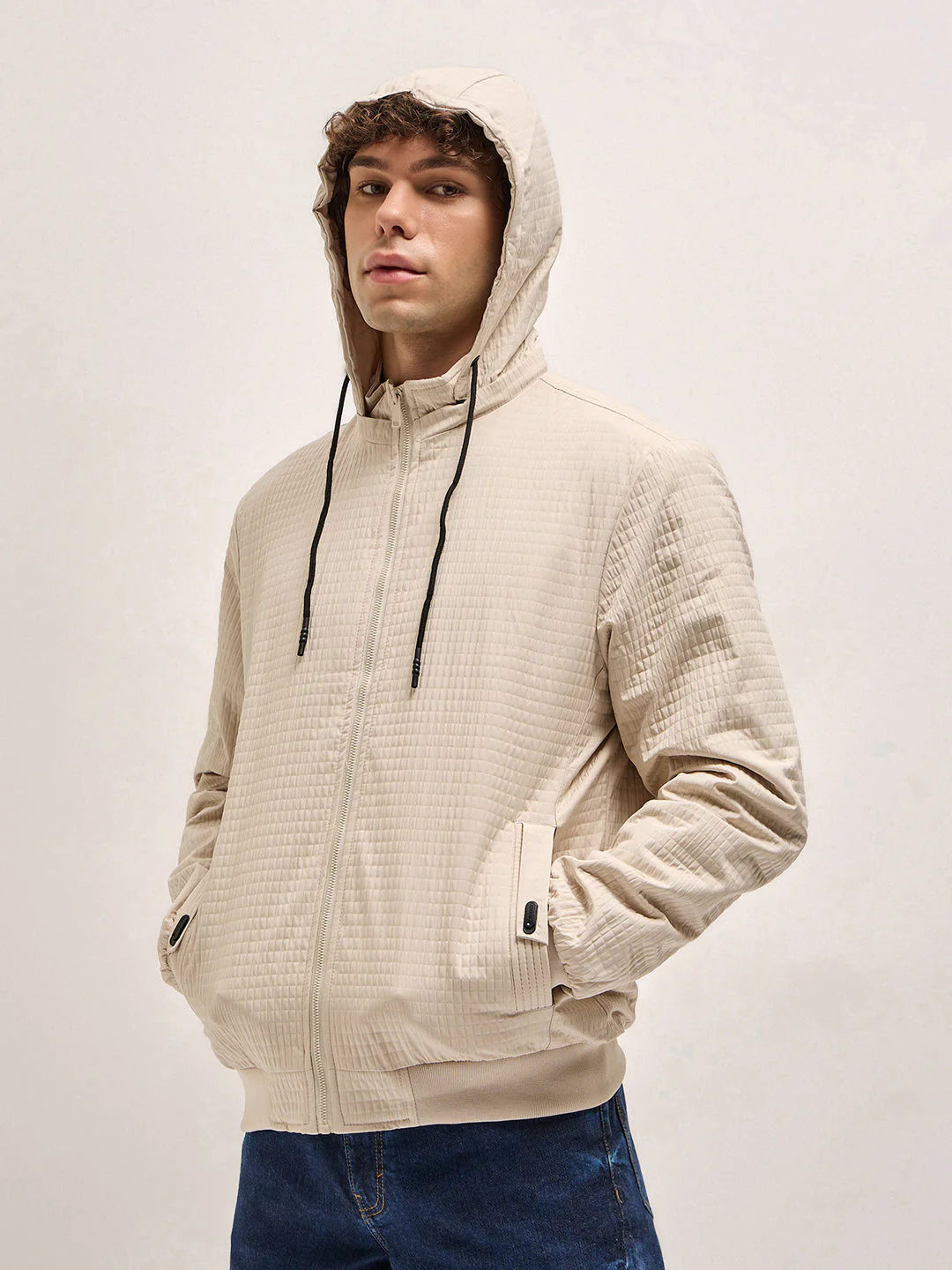 Men Cream Checked Jacket - Image 3