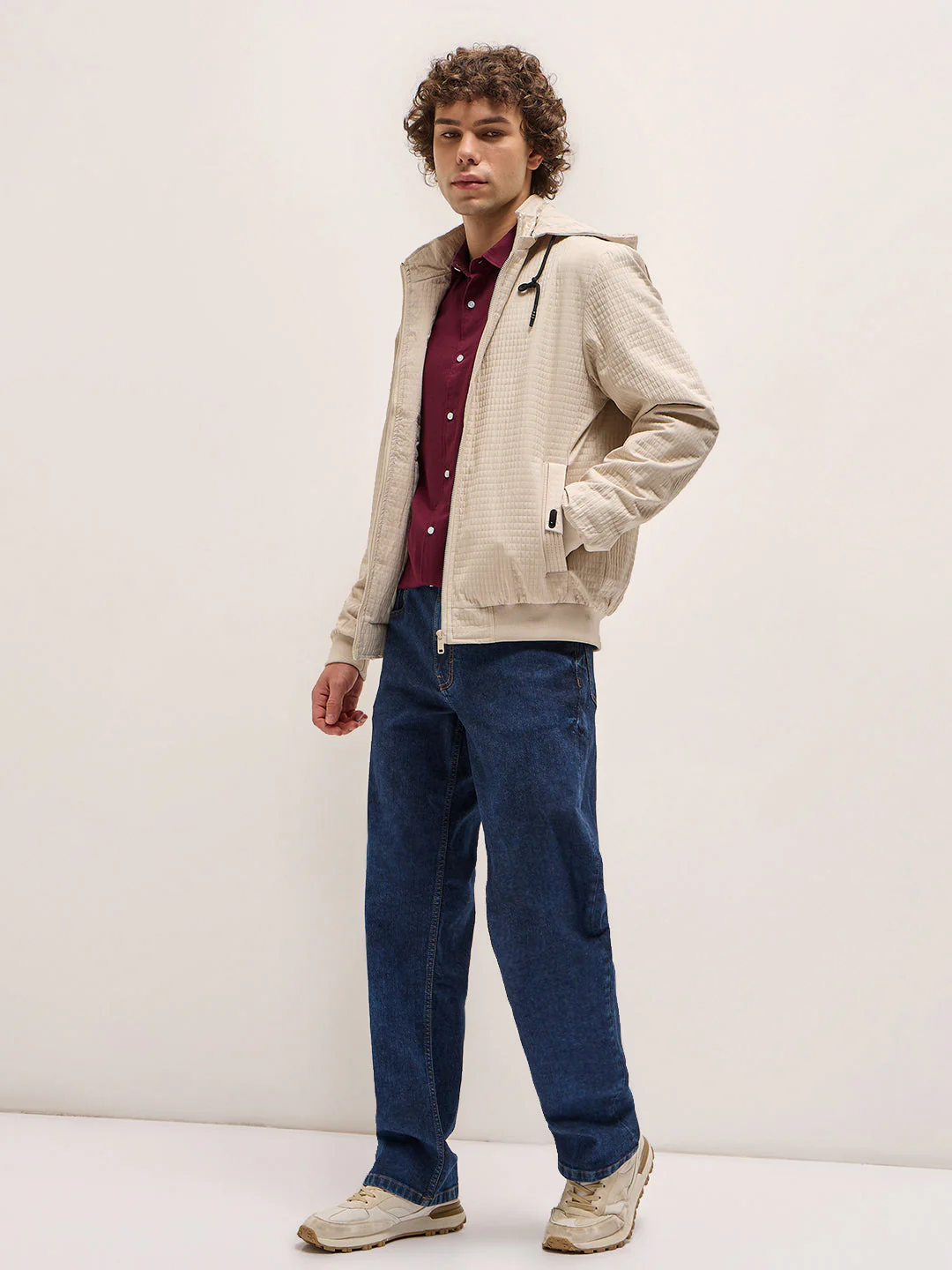 Men Cream Checked Jacket - Image 4