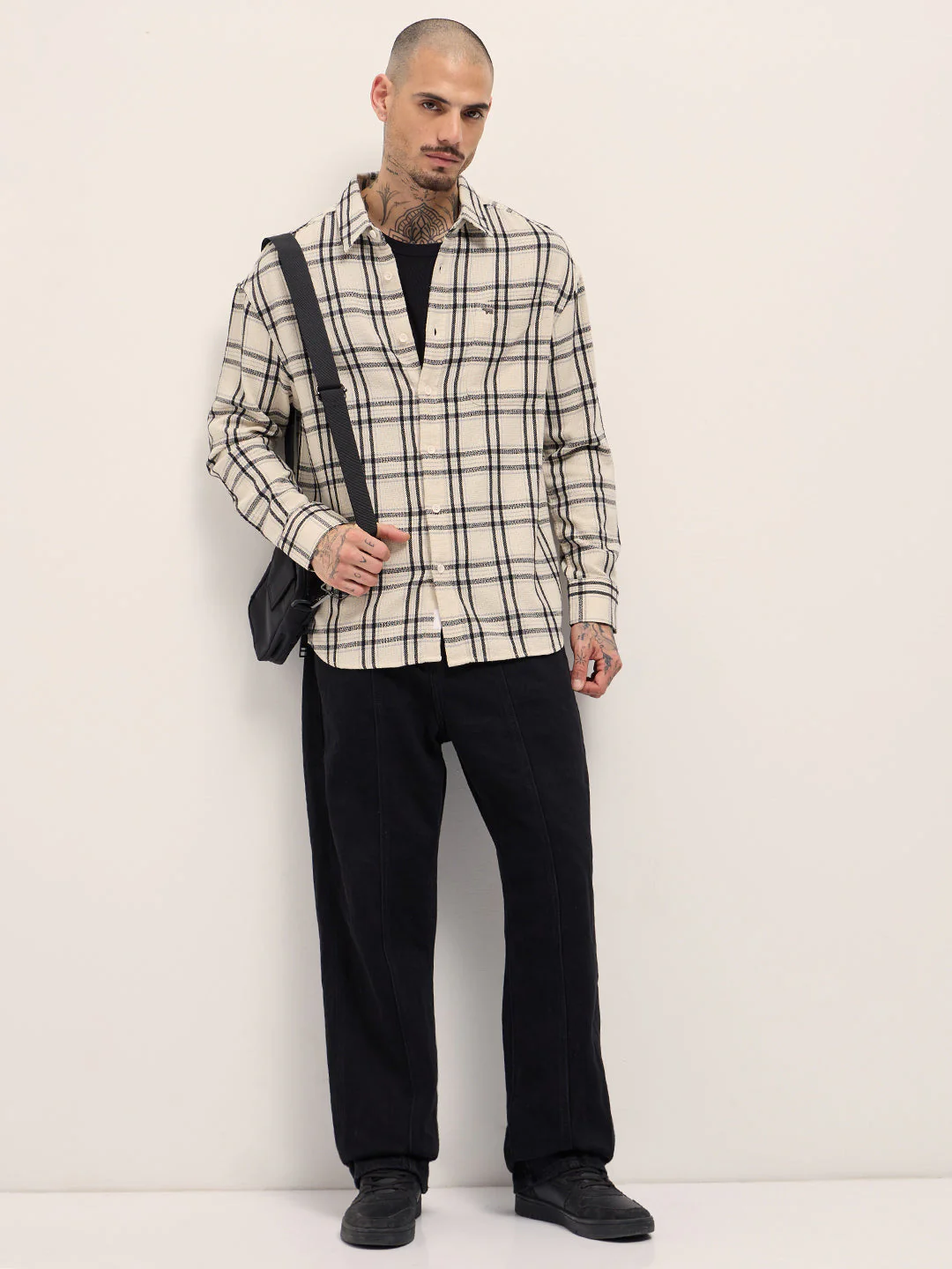 Men Cream Checked Relax Fit Casual Shirt - Image 4