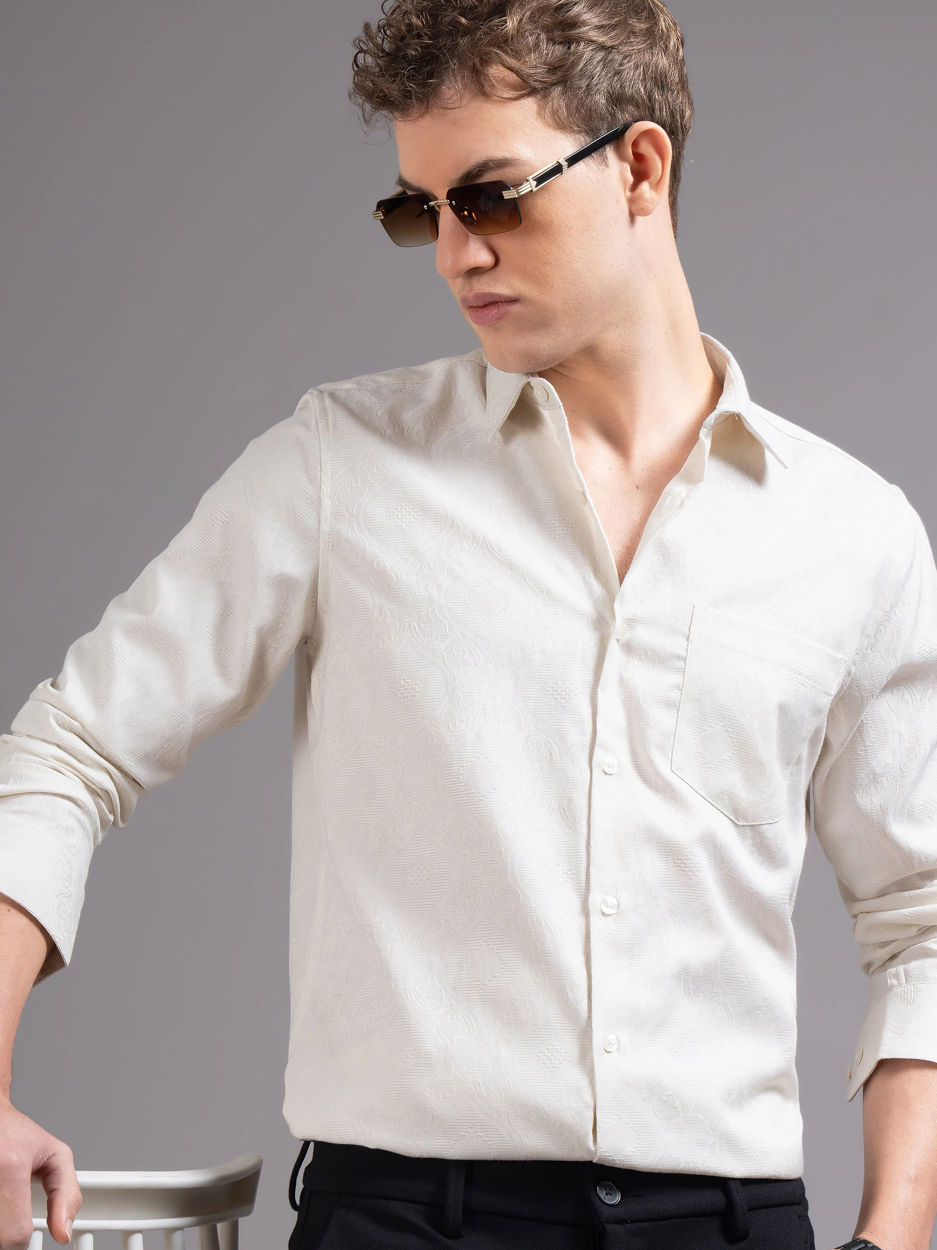 Men Cream Checked Shirt - Image 2