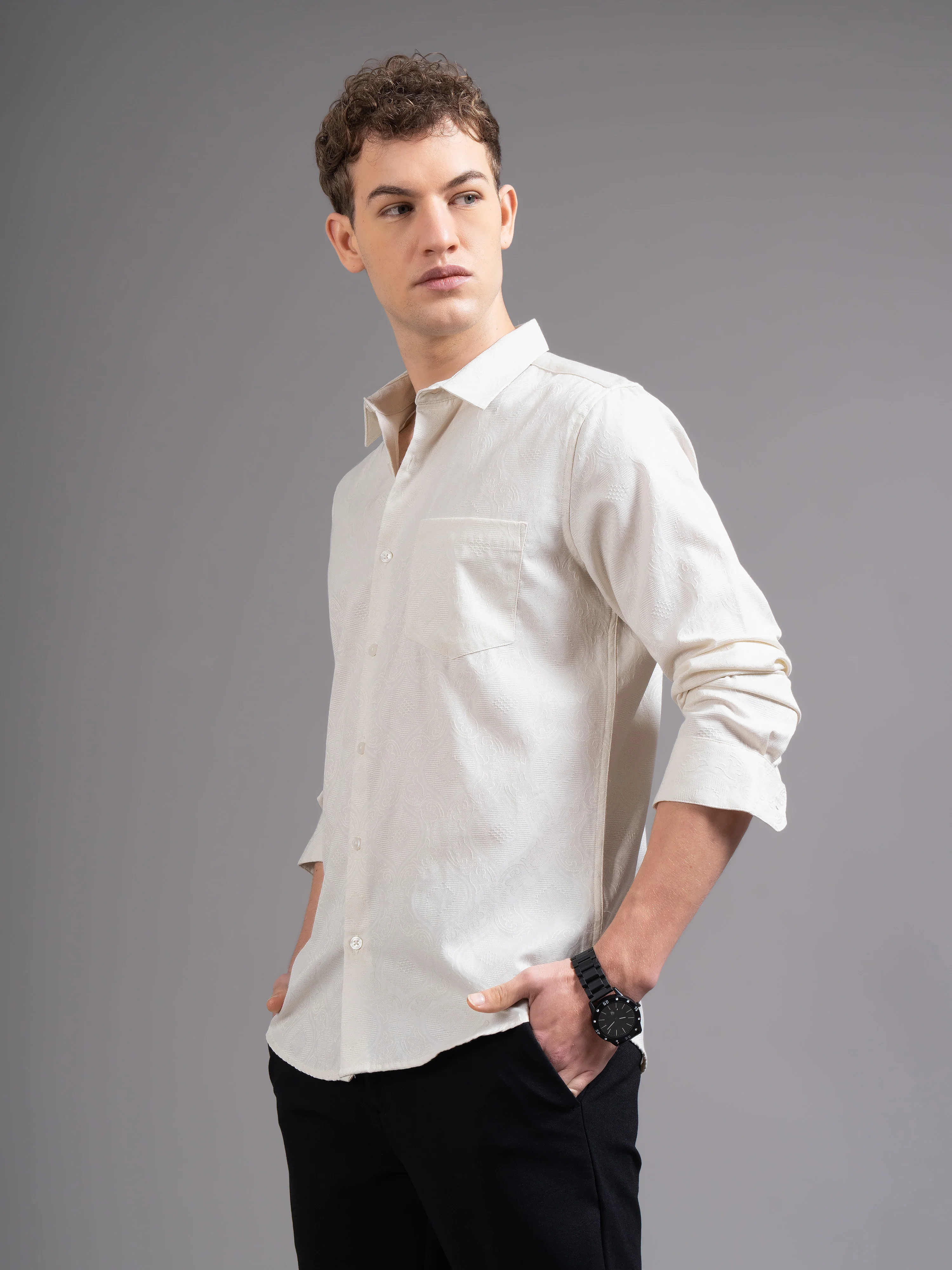 Men Cream Checked Shirt - Image 4