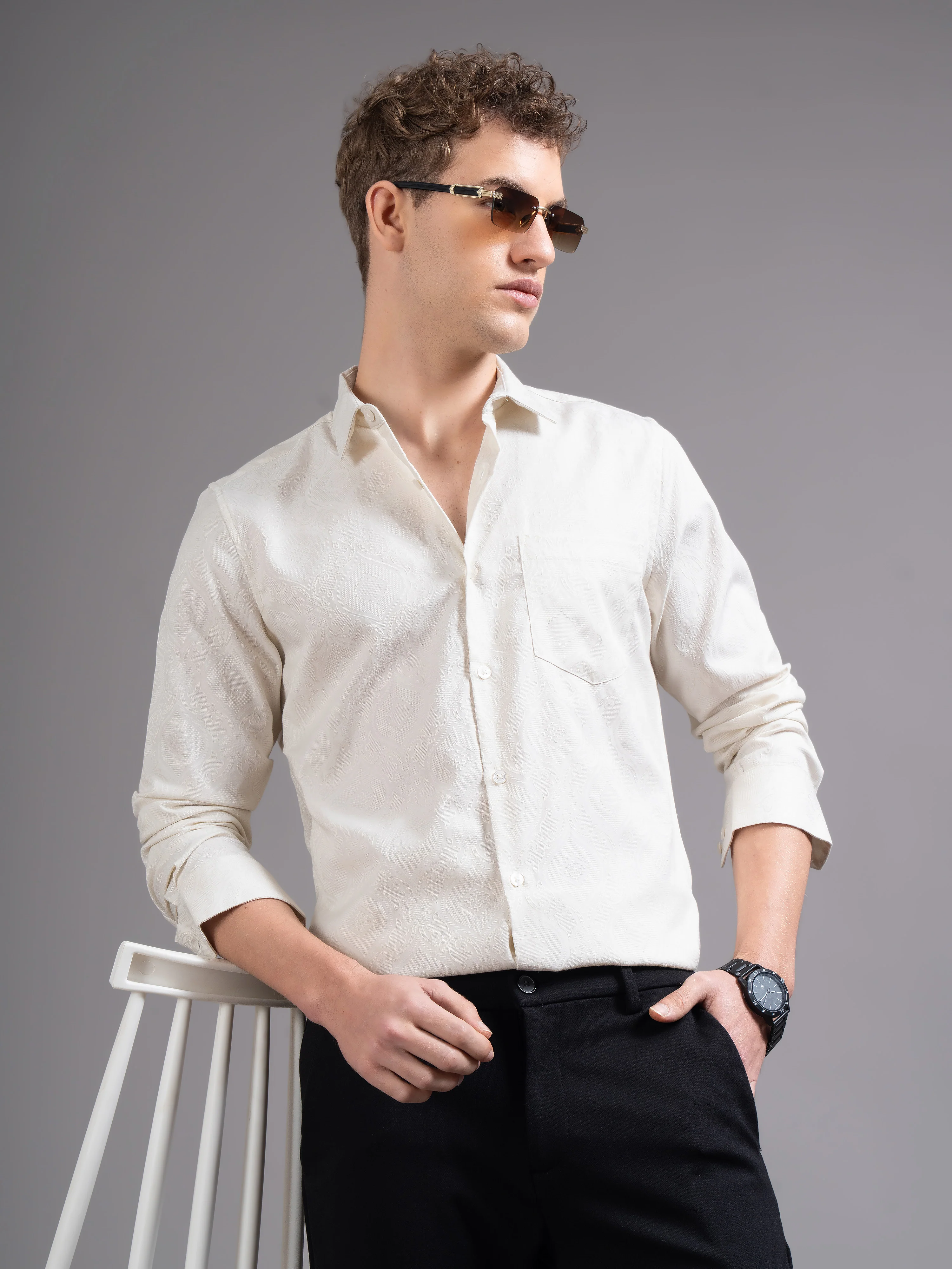 Men Cream Checked Shirt - Image 6