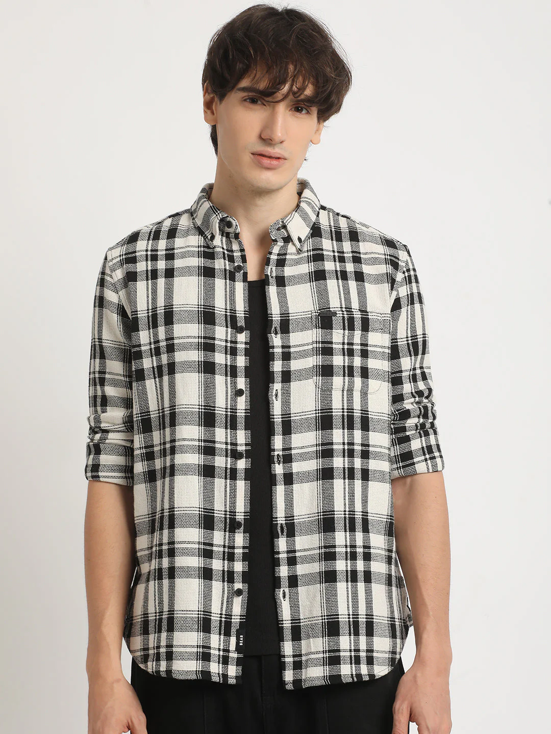 Men  Cream Checked Slim Fit Cotton Casual Shirt - Image 2