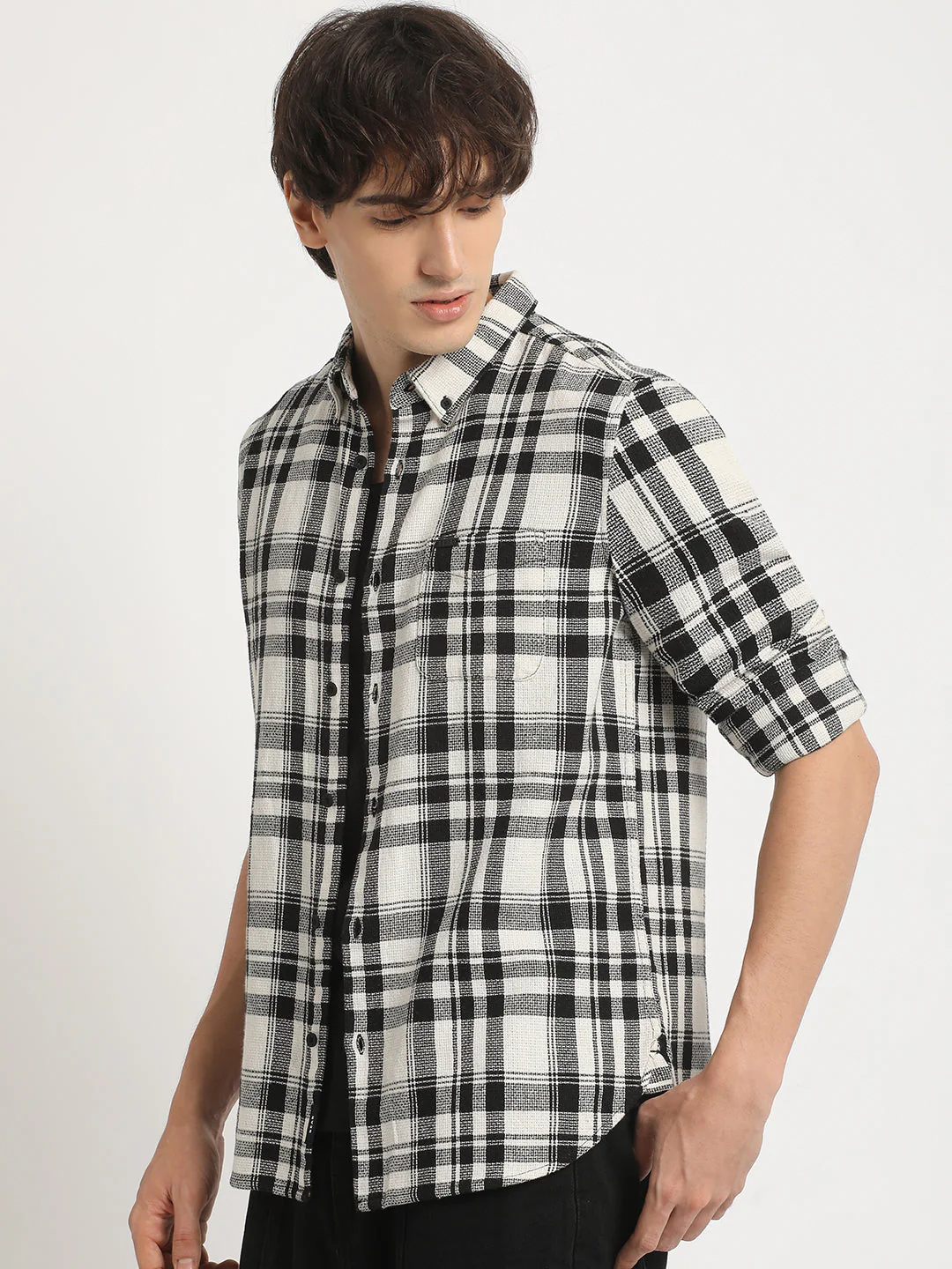 Men  Cream Checked Slim Fit Cotton Casual Shirt - Image 3