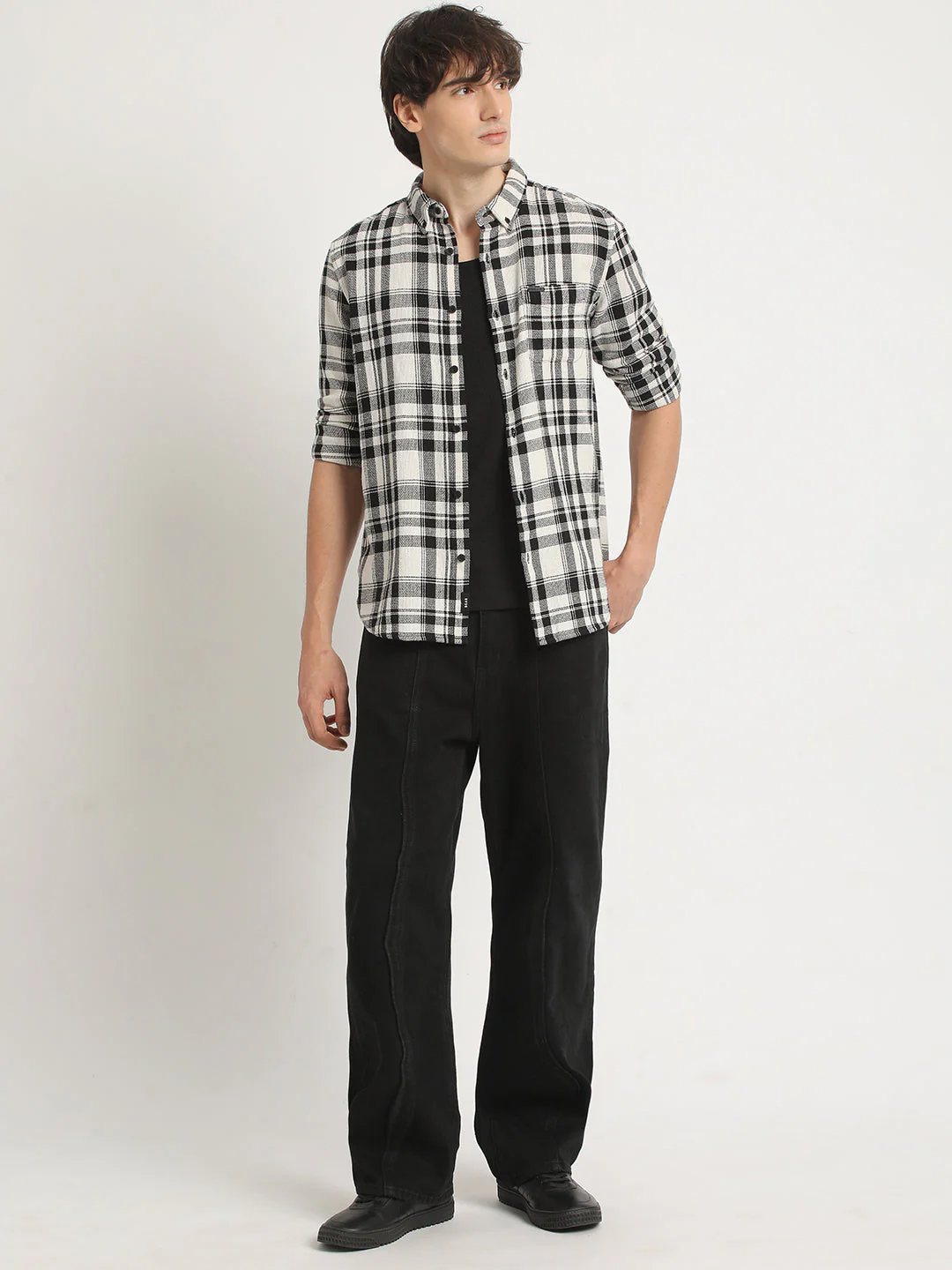 Men  Cream Checked Slim Fit Cotton Casual Shirt - Image 5