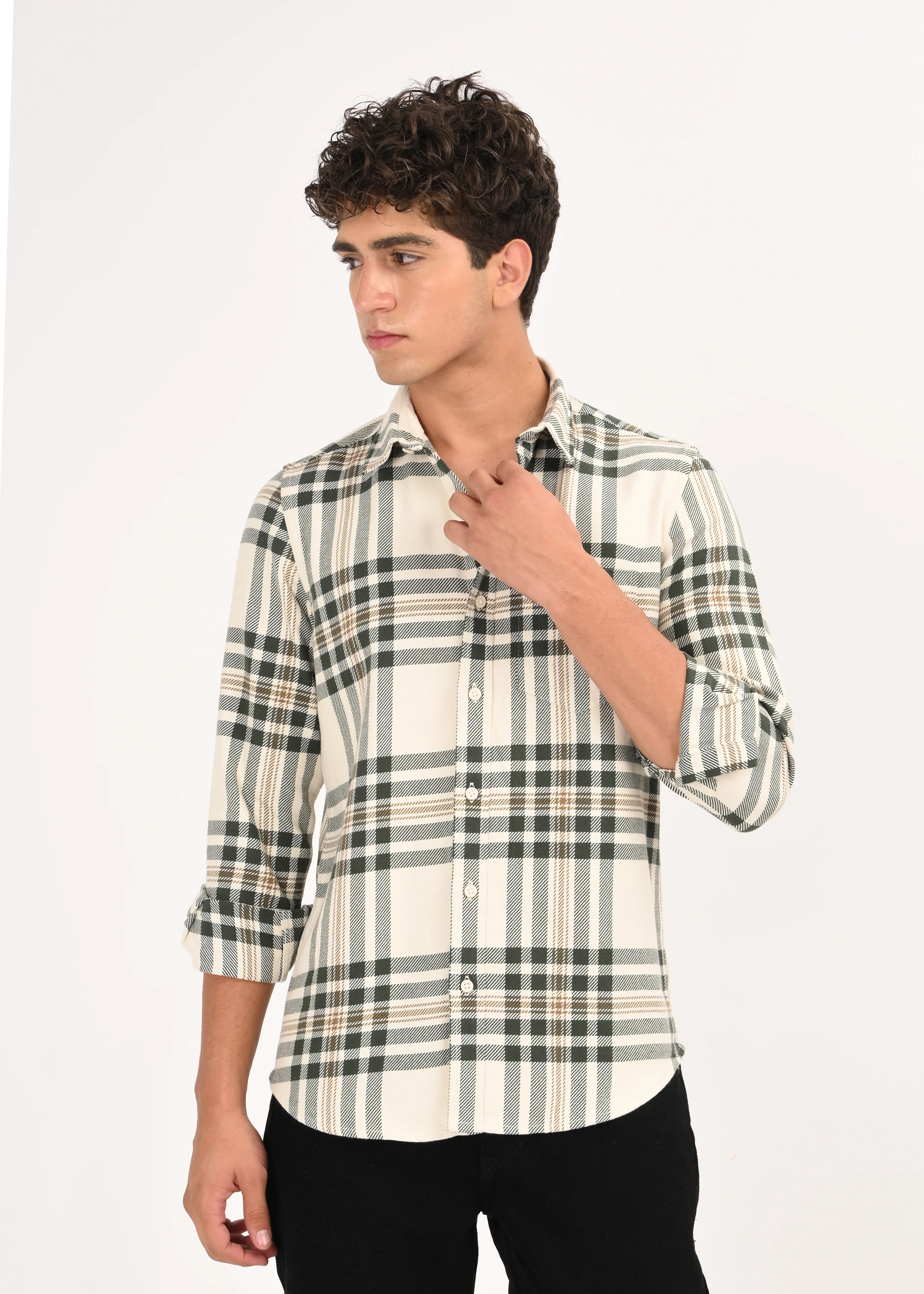 Men Cream Classic Checked Shirt - Image 3